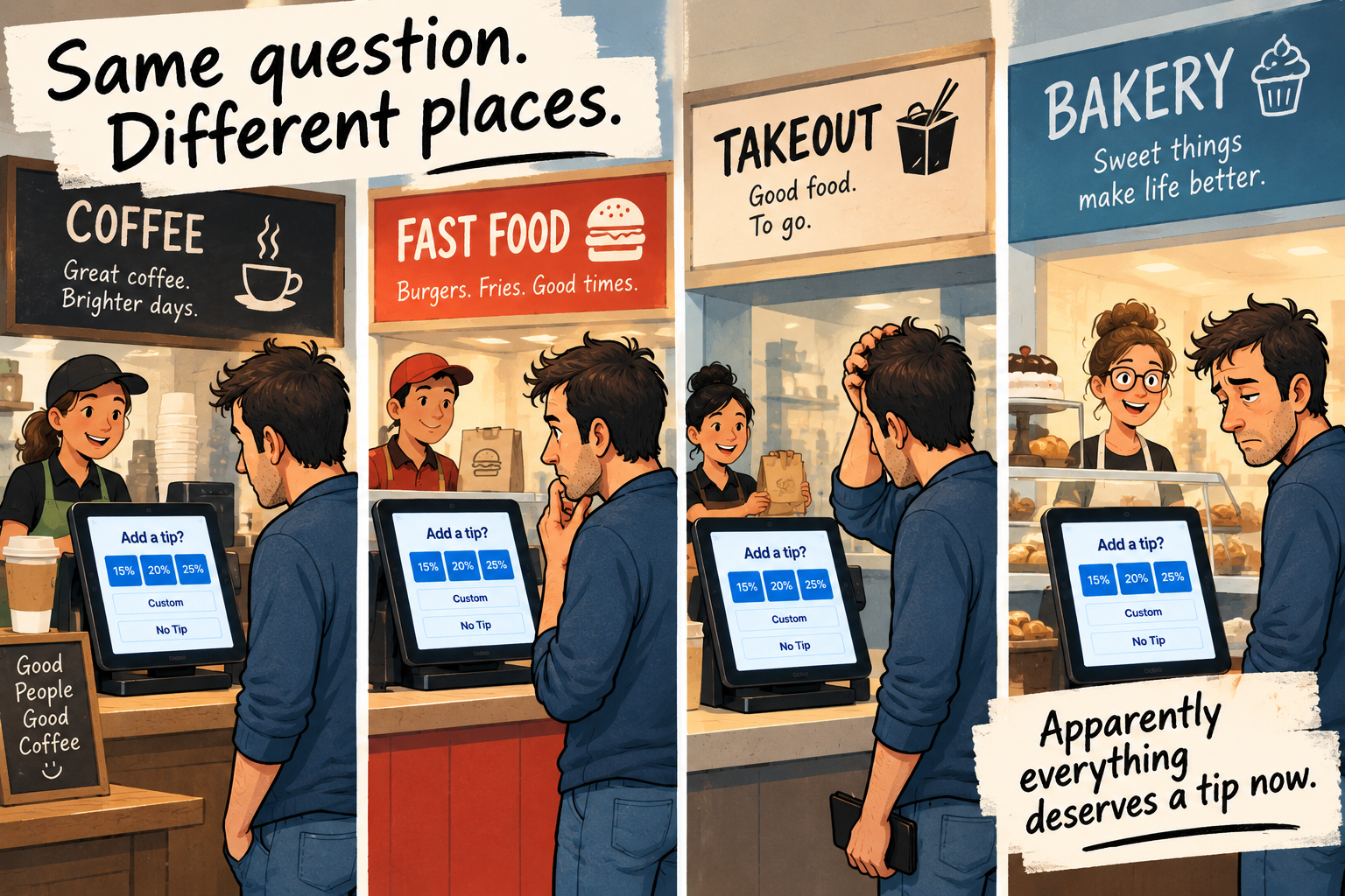 Customer encountering digital tip screens at a coffee shop, fast food restaurant, takeout counter and bakery