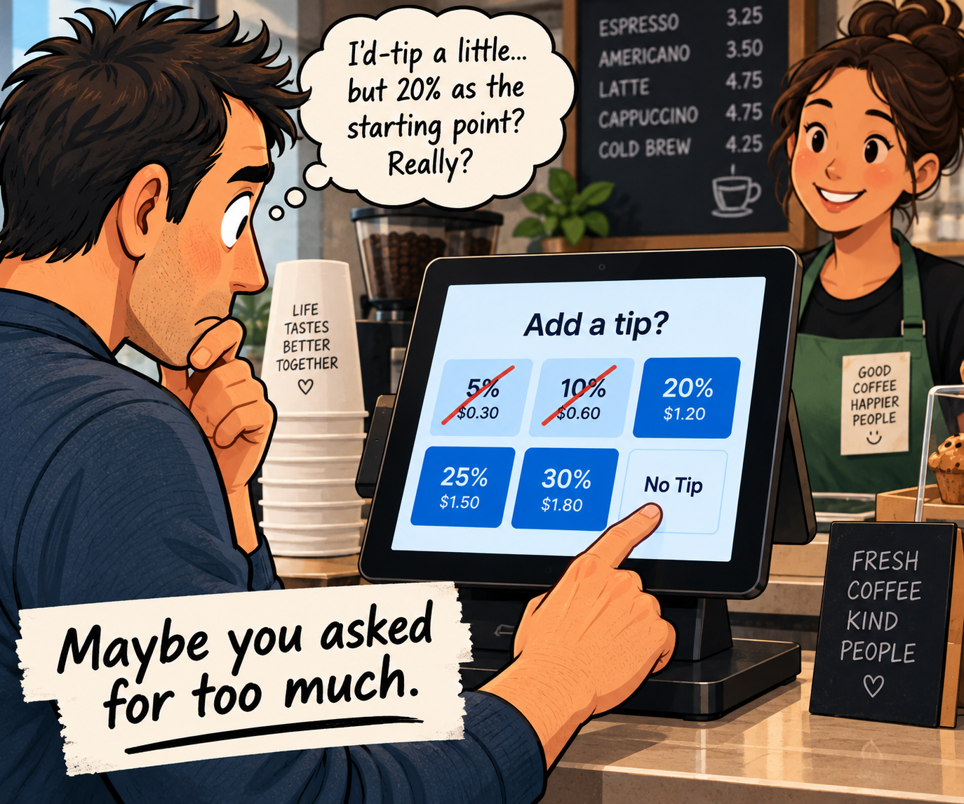 Customer considering No Tip after a digital tip screen starts its suggested tips at 20%