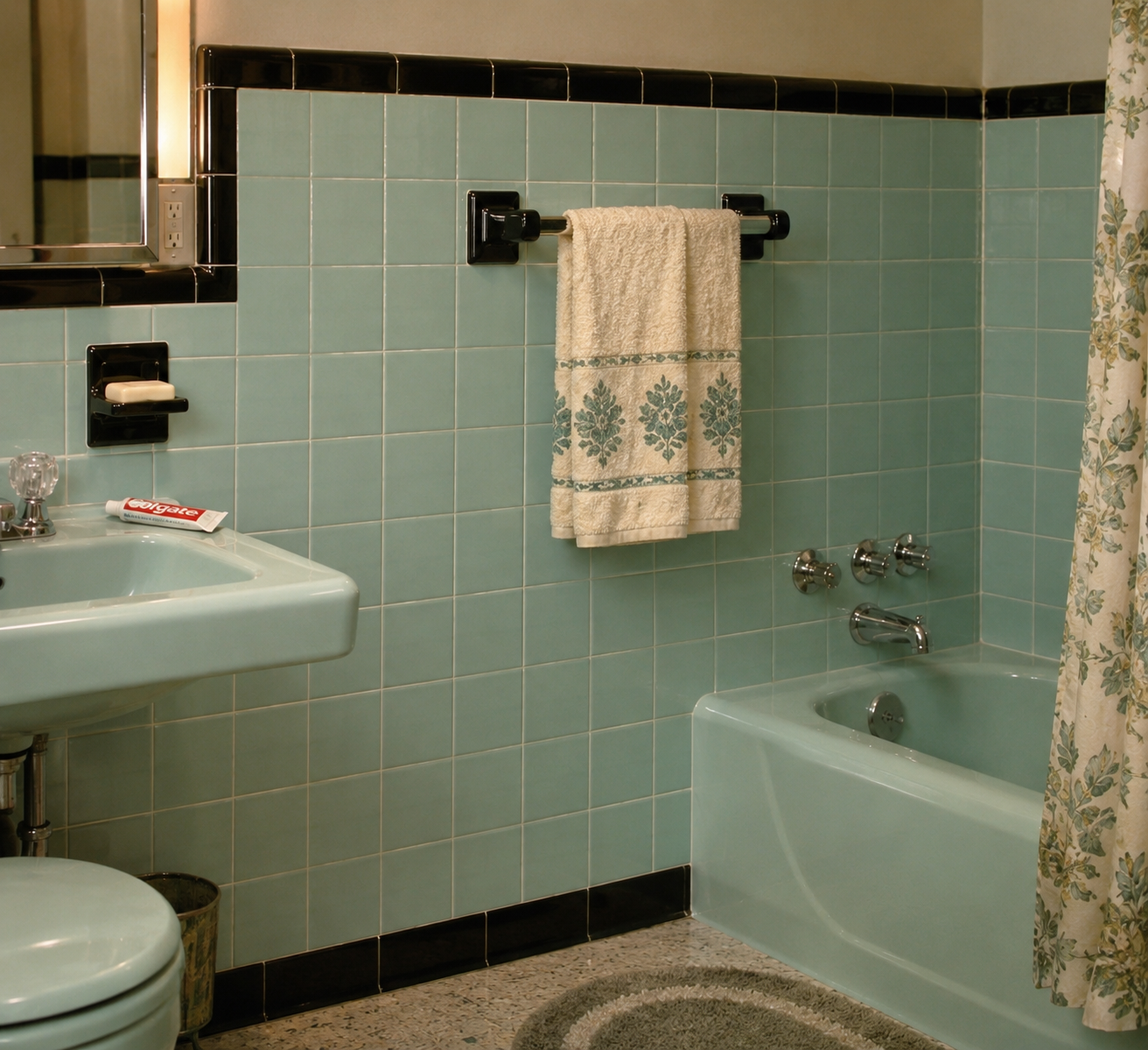 A vintage bathroom with aqua blue tiles, matching bathtub, sink, and toilet, a towel with a floral pattern, a tube of toothpaste on the sink, and a floral shower curtain.