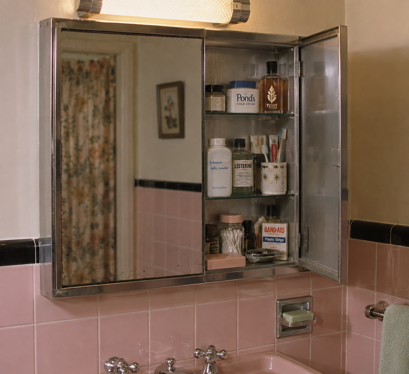 A bathroom with pink tile, a mirrored medicine cabinet open to show toiletries like Pond’s cream, Listerine, Band-Aids, and other items. A towel and soap holder are mounted near the sink.