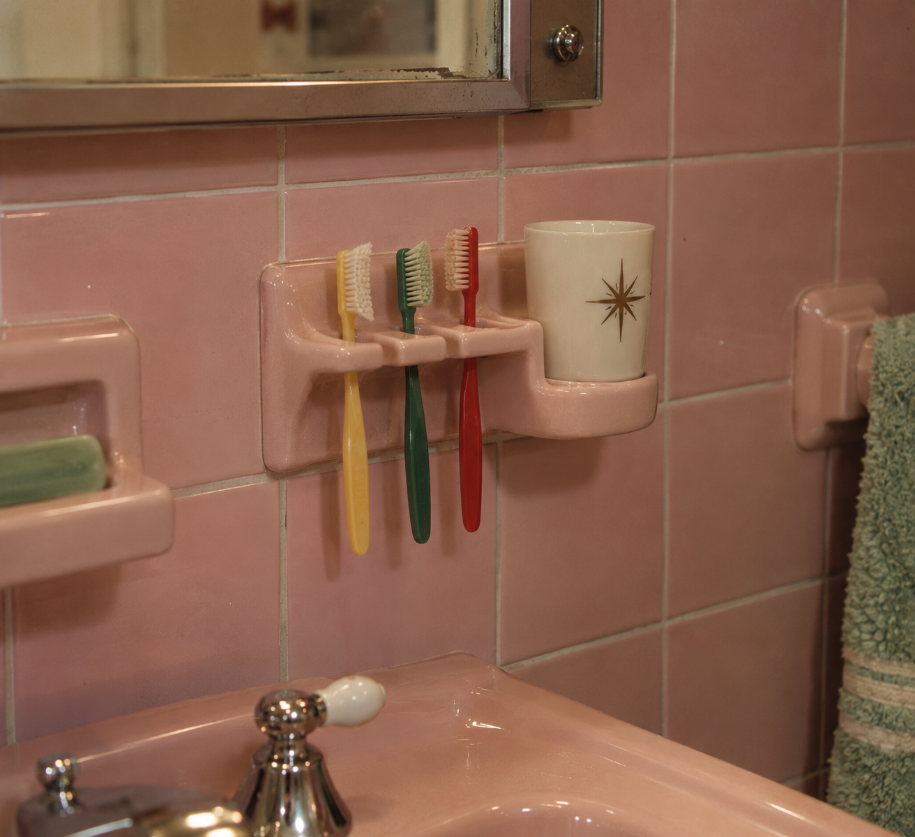 Three toothbrushes in yellow, green, and red are in a pink wall-mounted holder next to a white cup with a star design. The background features pink tiles, a towel, and part of a sink with a soap dish.