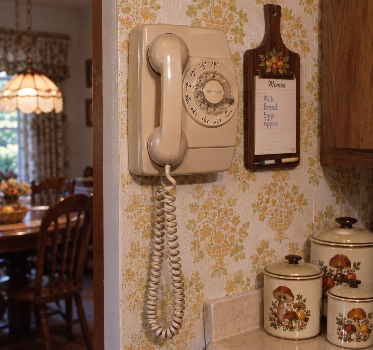 A beige rotary phone is mounted on a wall above a kitchen counter. Next to it is a memo board with a grocery list, and mushroom-themed canisters are on the counter. A dining area is visible in the background.