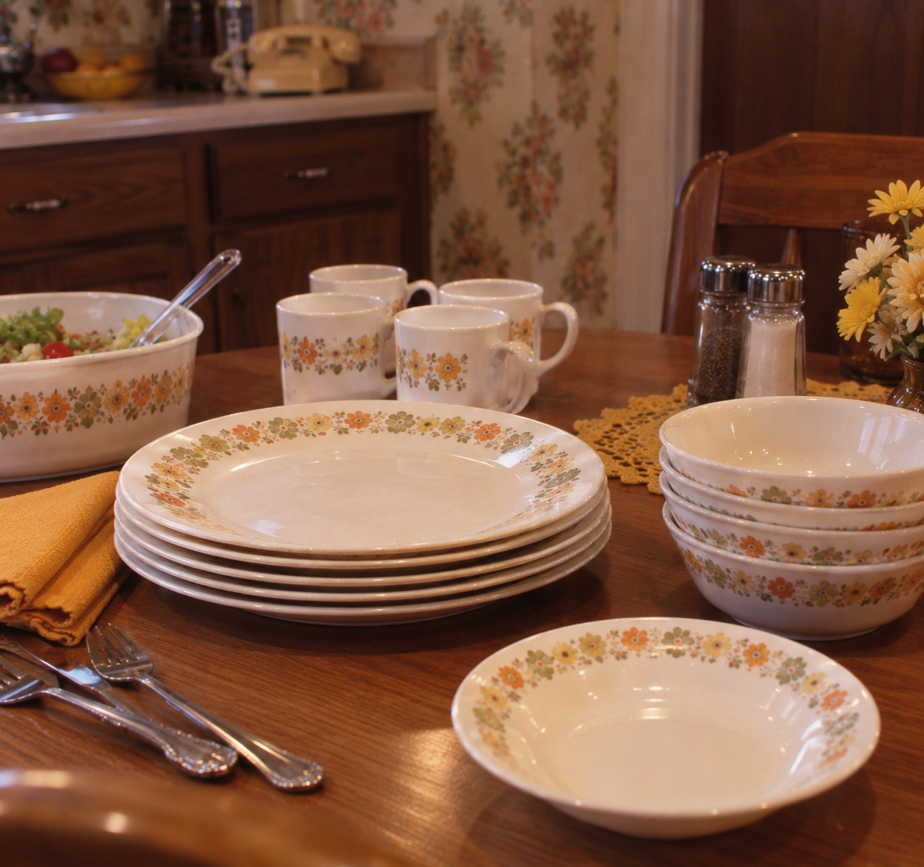 Vintage floral dishes, bowls, and mugs are stacked on a wooden table set for a meal, with utensils, a salad bowl, yellow napkin, salt and pepper shakers, and a small bouquet of yellow flowers.