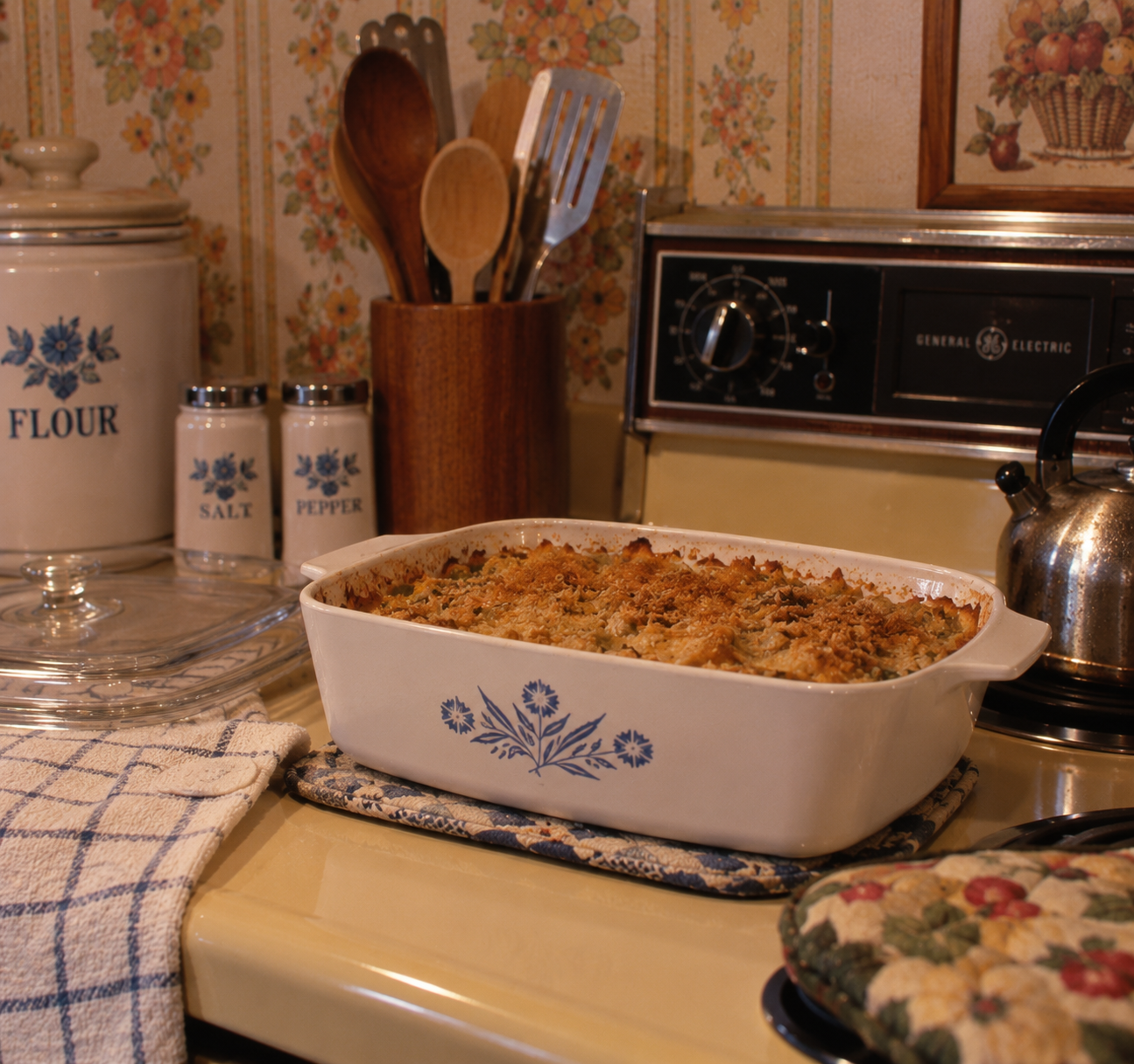 A casserole in a vintage white dish sits on a stove, surrounded by a kettle, salt and pepper shakers, utensils, a flour jar, a towel, and a floral oven mitt, with floral wallpaper in the background.