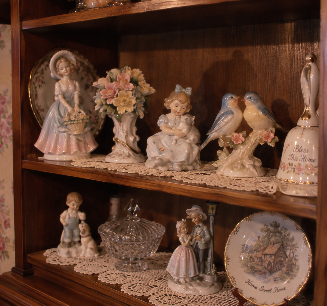 Wooden shelf displaying porcelain figurines of children, birds, and a woman, along with a bell, a plate, and a glass dish. Lace doilies line each shelf, creating a vintage, cozy look.