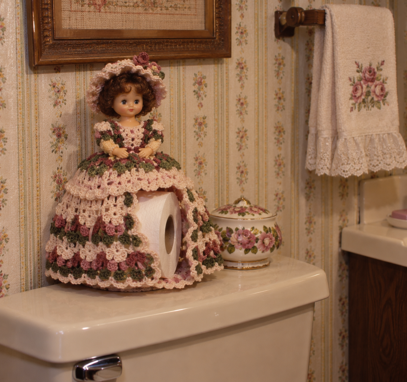 A porcelain doll in a crocheted dress covers a toilet paper roll on a toilet tank, with floral wallpaper, a matching towel, and a decorative floral container nearby.