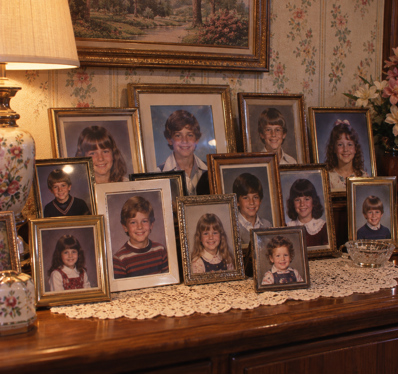 A collection of framed childhood portraits is arranged on a lace doily atop a wooden dresser, next to a lamp, a floral vase, and a bowl, against wallpaper with a floral design. ’80s grandma’s house.