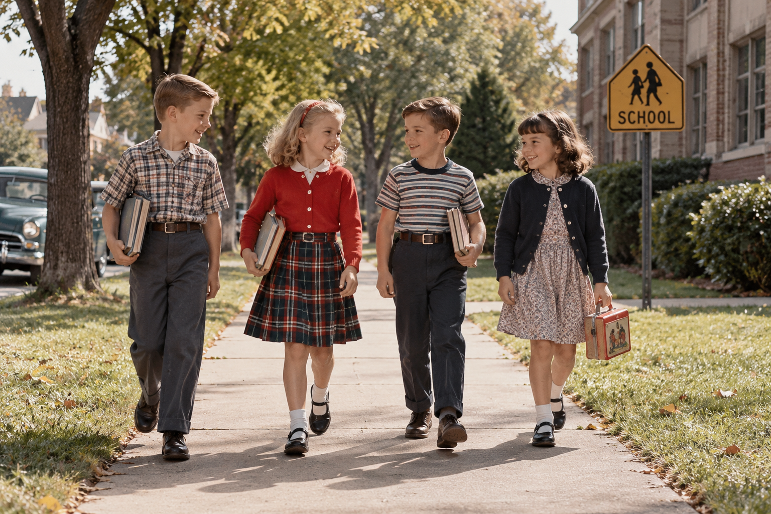 Four young children walk on a sidewalk toward a school, smiling and carrying books and a lunchbox—just like Things Kids Did in the 1950s and 60s. Trees and a classic school sign are visible in the background.