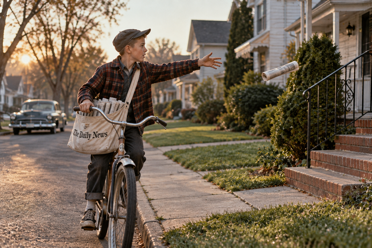 A boy on a bike tosses a newspaper toward a house porch in a suburban neighborhood at sunrise, holding a bag labeled “The Daily News.” Vintage cars and houses line the quiet street, capturing the essence of Things Kids Did in the 1950s and 60s.