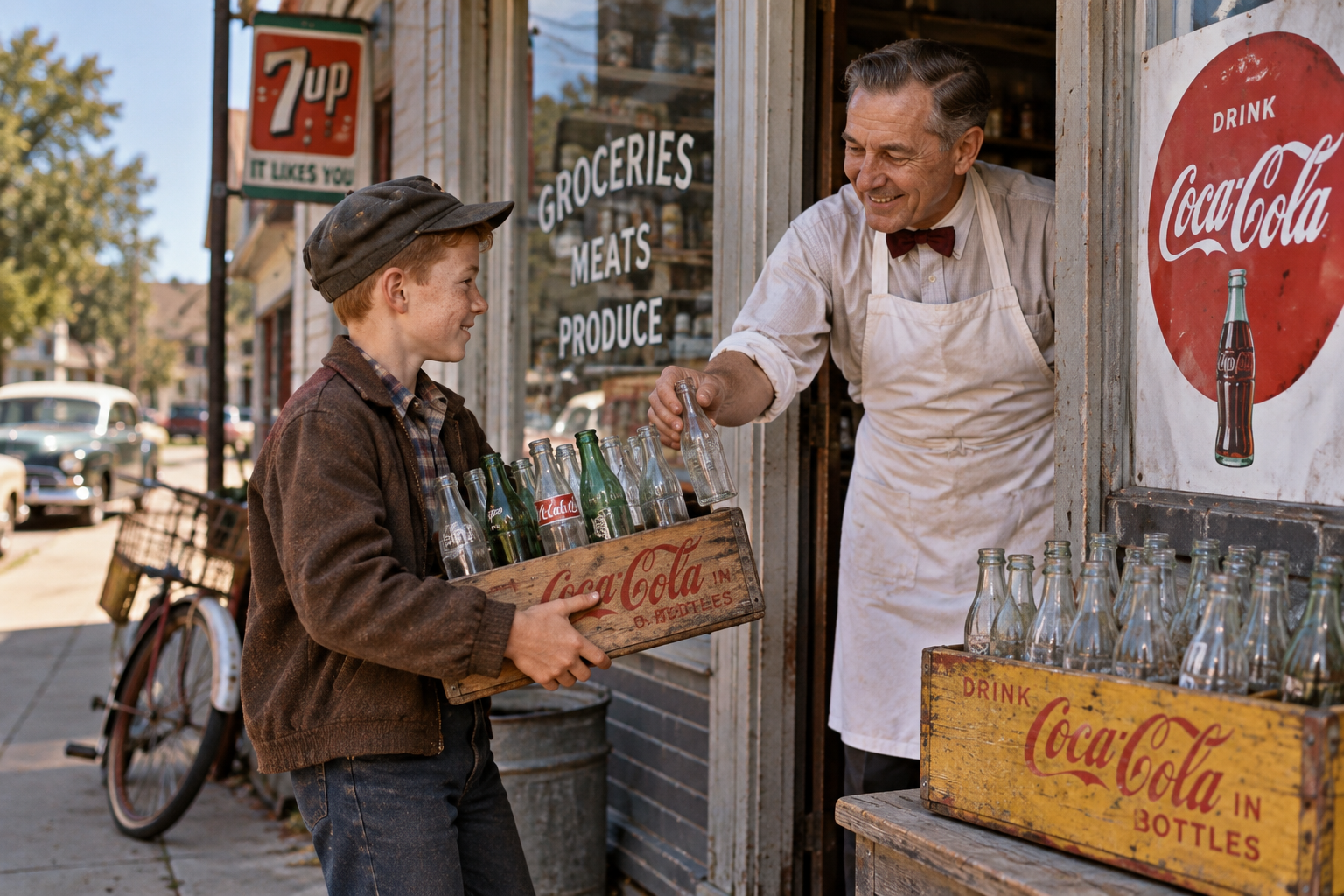 A boy hands empty Coca-Cola bottles to a smiling shopkeeper outside a vintage store—a classic example of things kids did in the 1950s and 60s. A wooden crate and Coca-Cola signs are visible, capturing a nostalgic, mid-20th-century street scene.