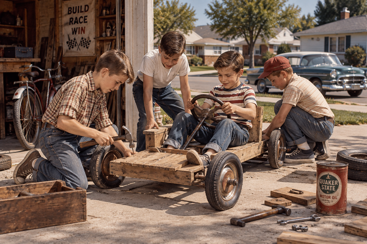Four boys build a wooden go-kart in a driveway, using tools and car parts—a classic example of things kids did in the 1950s and 60s. A vintage car and suburban houses are visible in the background. The scene suggests teamwork and creativity.