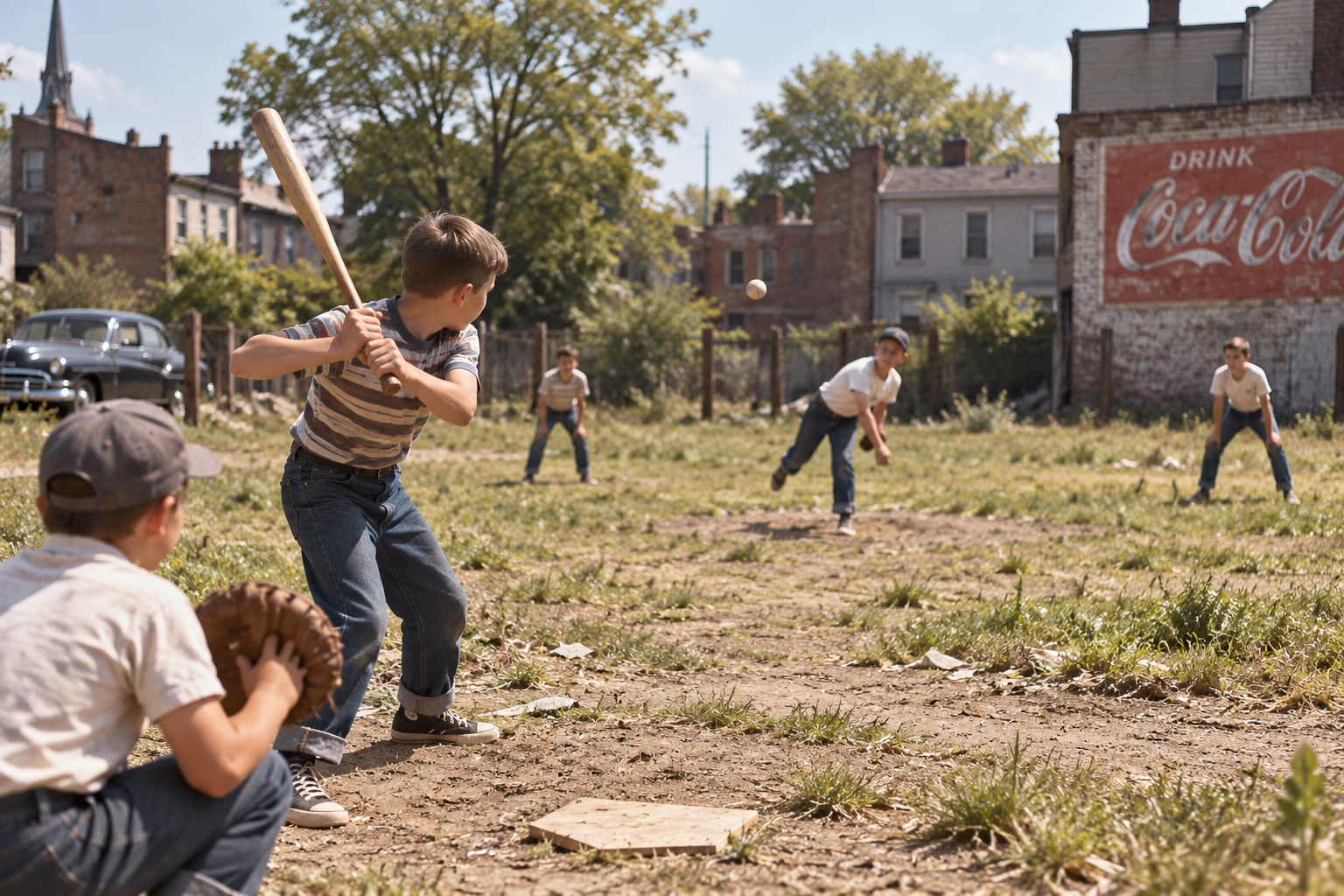 Four boys play baseball on a dirt lot in a vintage, urban neighborhood—a perfect snapshot of things kids did in the 1950s and 60s. One boy pitches, another bats, and two play in the field. Old brick buildings and a faded Coca-Cola sign are in the background.