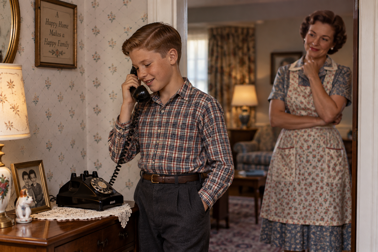 A boy in a plaid shirt talks on a rotary phone—one of those classic things kids did in the 1950s and 60s—while a woman in an apron smiles at him from behind in a vintage-style living room.