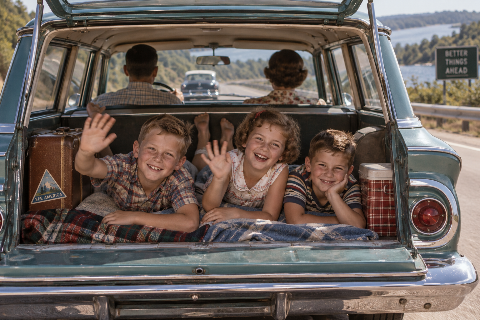 Three smiling children wave from the back of a vintage station wagon on a road trip, recreating the Things Kids Did in the 1950s and 60s, with two adults in the front. A suitcase, plaid blanket, and thermos are visible, and a road sign reads “Better Things Ahead.”