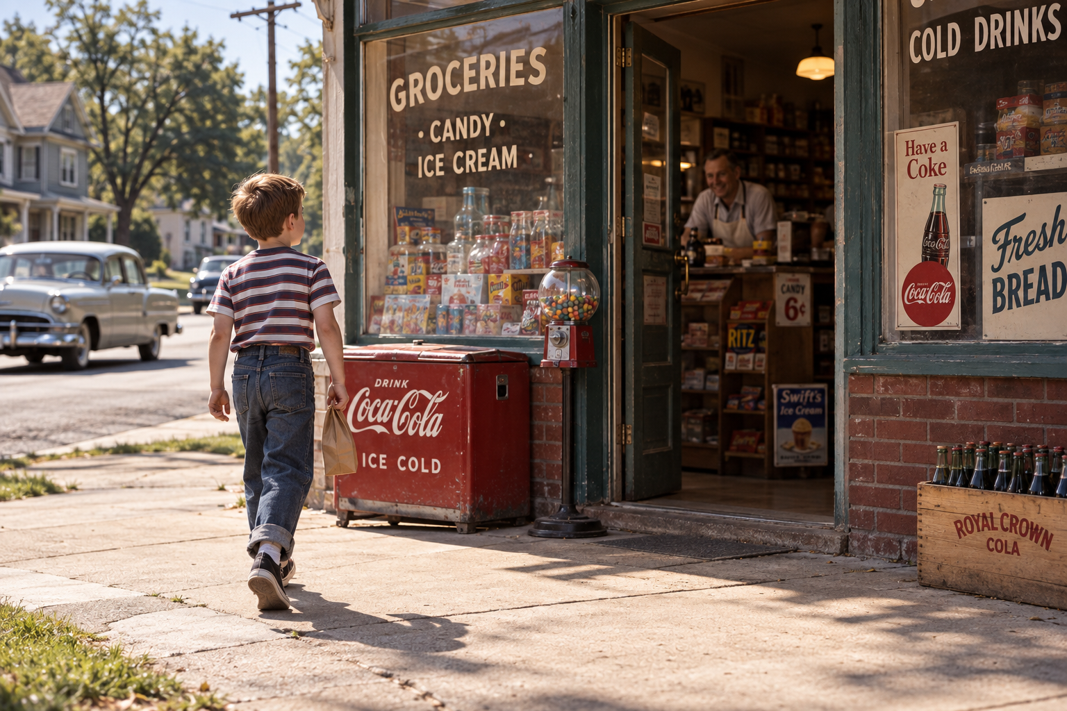 A young boy walks toward a retro corner grocery store with vintage Coca-Cola signs, a gumball machine, and wooden soda crates—classic touches reminiscent of Things Kids Did in the 1950s and 60s—while an older man stands behind the counter inside.