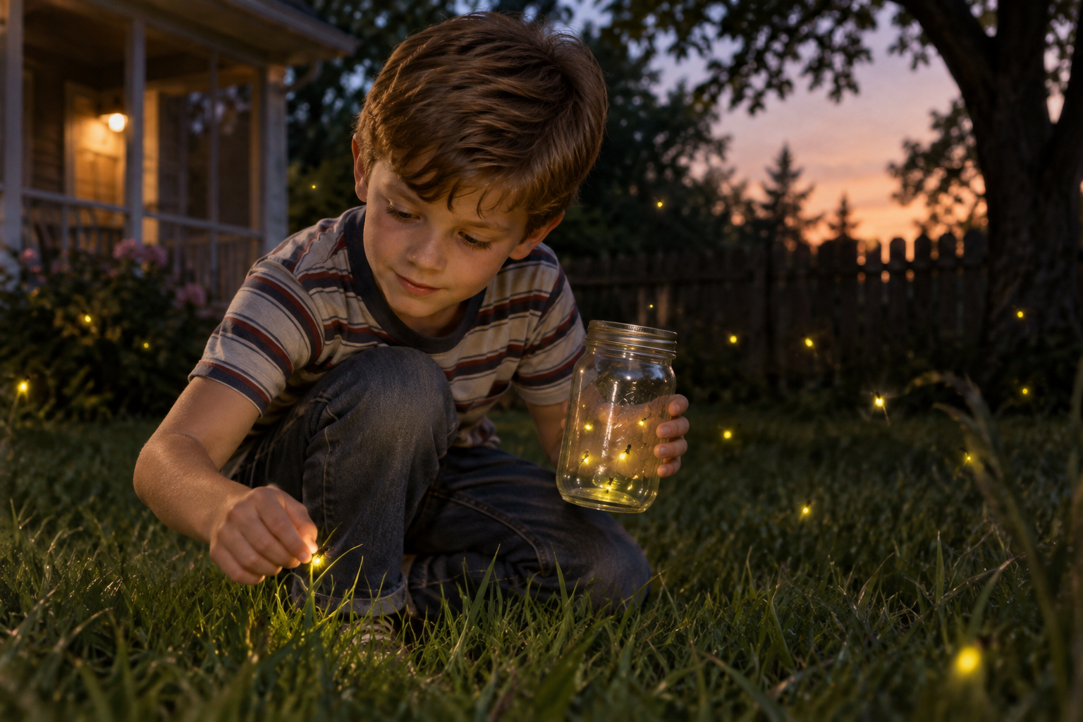 A young boy kneels on grass at dusk, holding a jar with glowing fireflies and reaching to catch another firefly—an image reminiscent of the simple joys and timeless adventures that were among the things kids did in the 1950s and 60s, with a house and trees in the background.