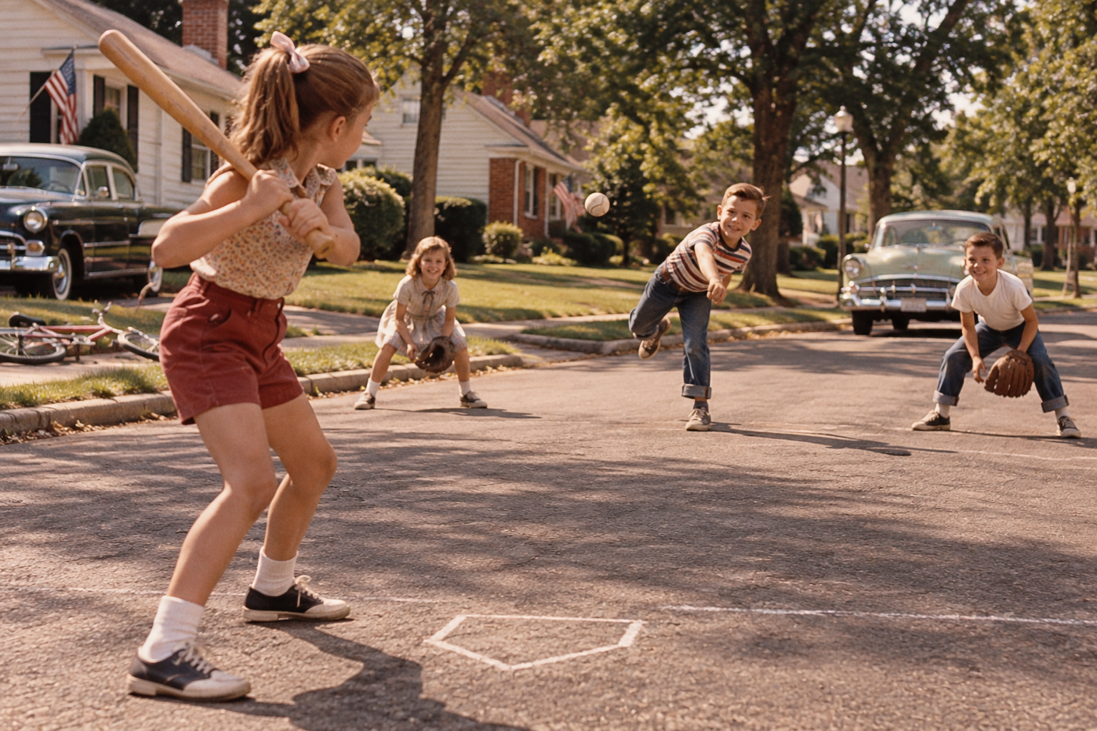 Four children play baseball in the middle of a suburban street lined with classic cars and houses—a scene reminiscent of the things kids did in the 1950s and 60s. One pitches while another bats, with two others playing catcher and outfield. It’s a sunny day with trees providing shade.
