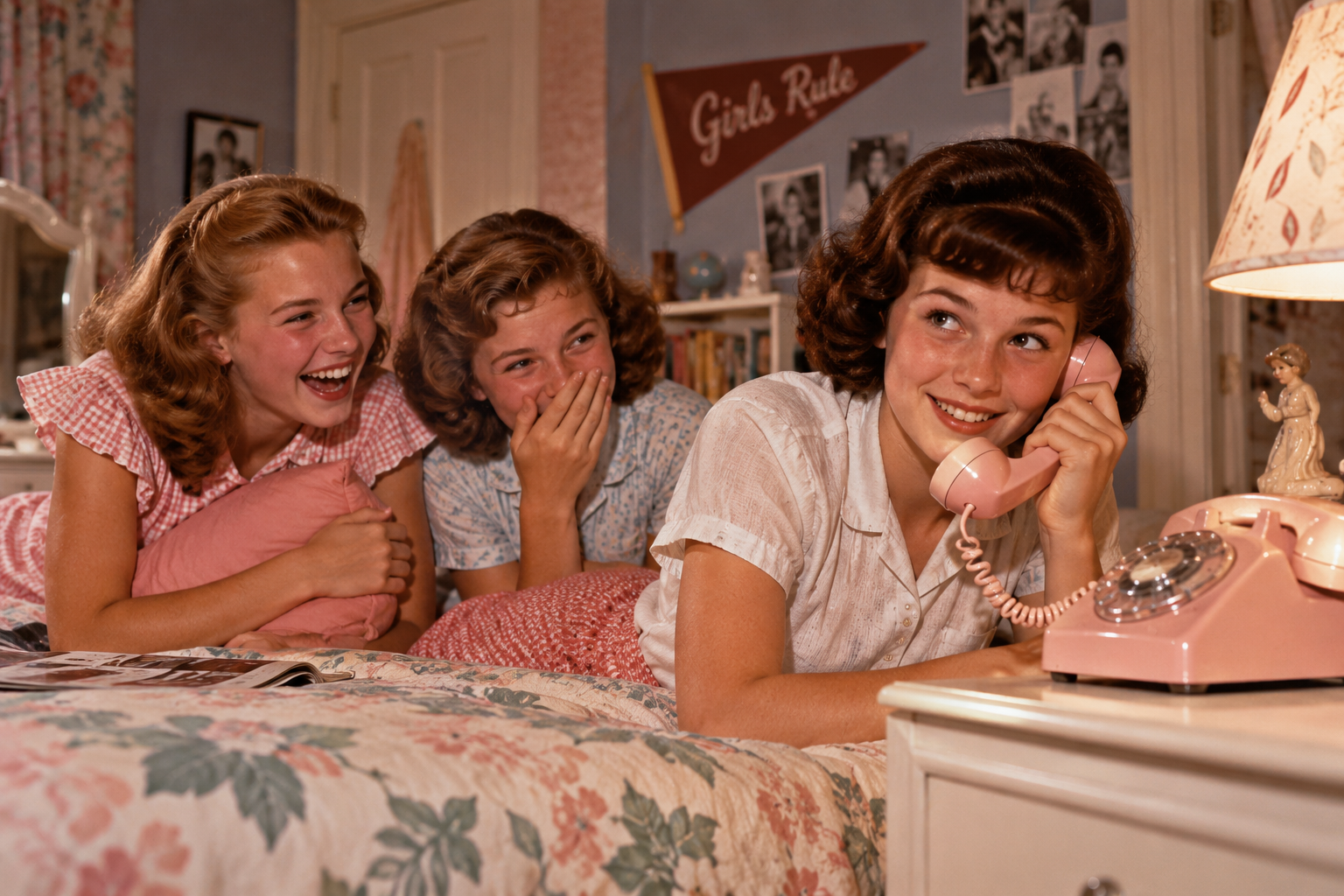 Three smiling teenage girls in vintage clothes lie on a bed, reminiscent of Things Kids Did in the 1950s and 60s. One talks on a pink rotary phone while the others laugh. The room is decorated with photos, a lamp, and a “Girls Rule” pennant.