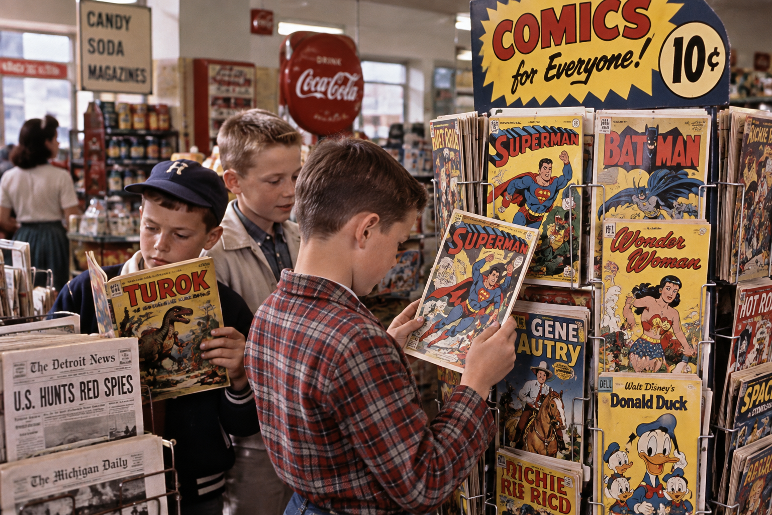 Three boys read comic books at a store comic rack, surrounded by colorful covers like Superman, Batman, and Wonder Woman—classic icons from the golden age of comics and some of the most popular things kids did in the 1950s and 60s. Nearby, newspapers and candy are on display, with a Coca-Cola sign visible in the background.