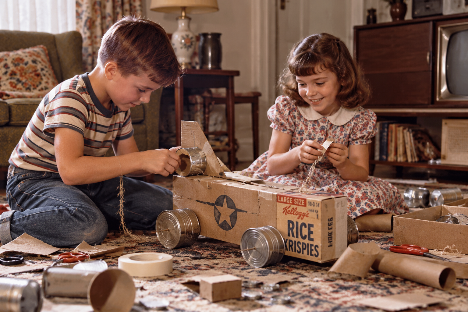 Two children sit on a carpeted floor, smiling and building a toy car out of cardboard boxes, tin cans, and string in a cozy, vintage living room—capturing the creative spirit of things kids did in the 1950s and 60s.