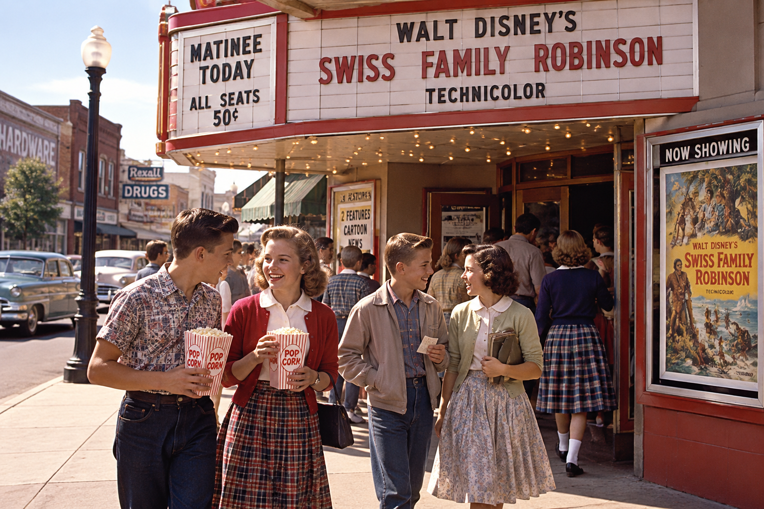 Four teens with popcorn smile and talk outside a vintage movie theater showing “Swiss Family Robinson.” The marquee and old-fashioned street are visible, giving a nostalgic, 1950s atmosphere—capturing one of the classic things kids did in the 1950s and 60s.
