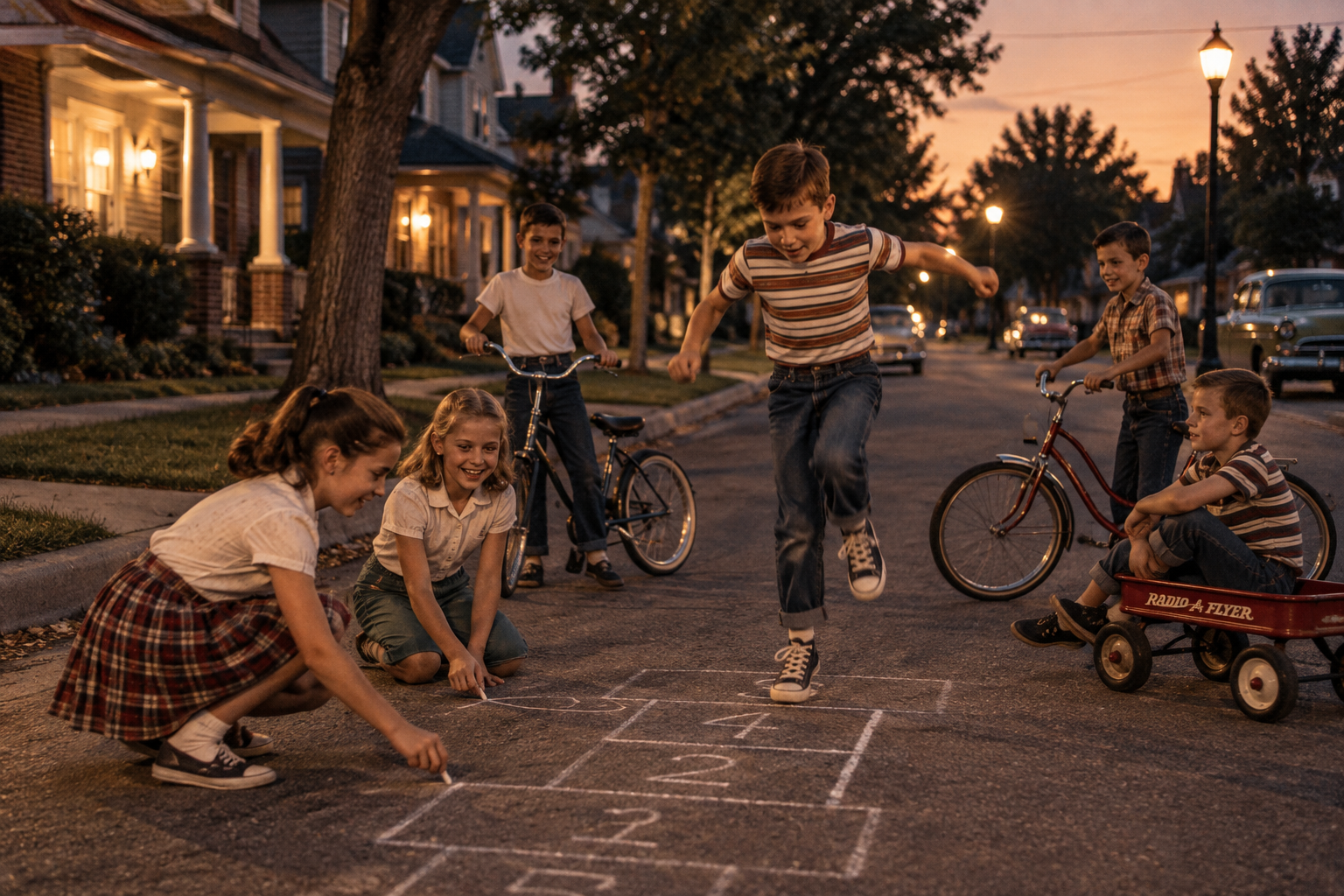 Five children play hopscotch on a quiet suburban street at dusk, with chalk marks on the pavement—a classic example of things kids did in the 1950s and 60s. Two bikes and a red wagon are nearby, while houses and streetlights form a peaceful backdrop.