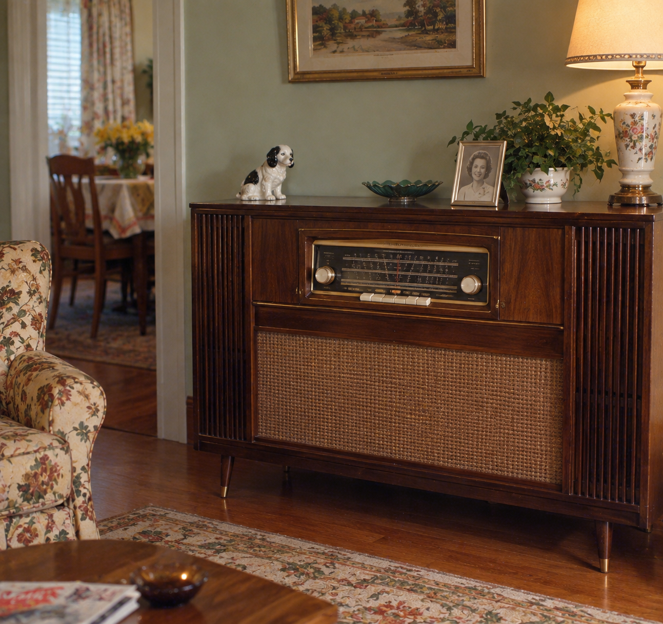 A vintage wooden radio console sits in a cozy living room with floral decor, a lamp, a framed photo, a ceramic dog, plants, and a glimpse of a dining room in the background.