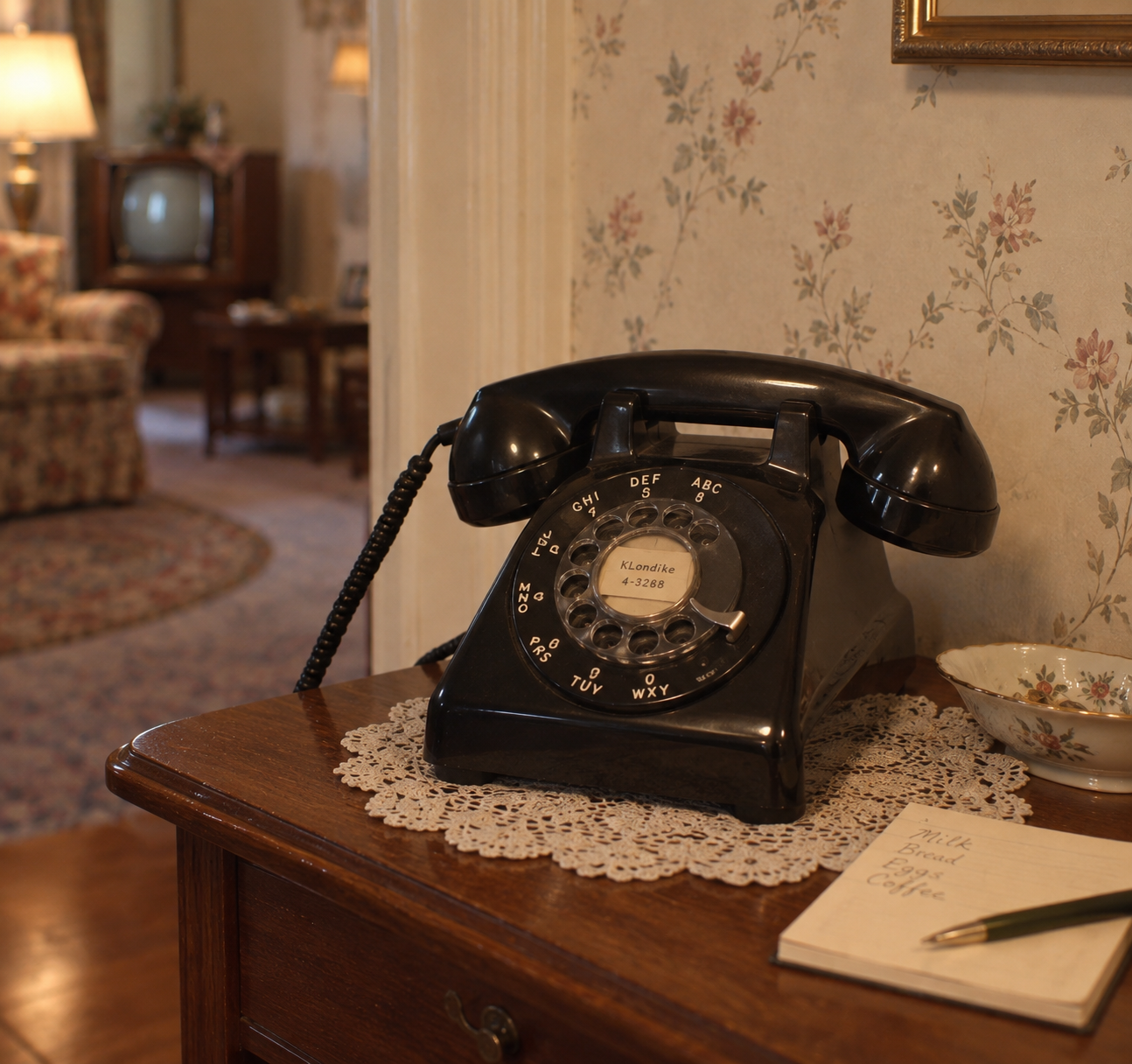 A vintage black rotary phone sits on a wooden table with a doily, next to a notepad, pen, and a floral dish in a cozy, softly lit living room.
