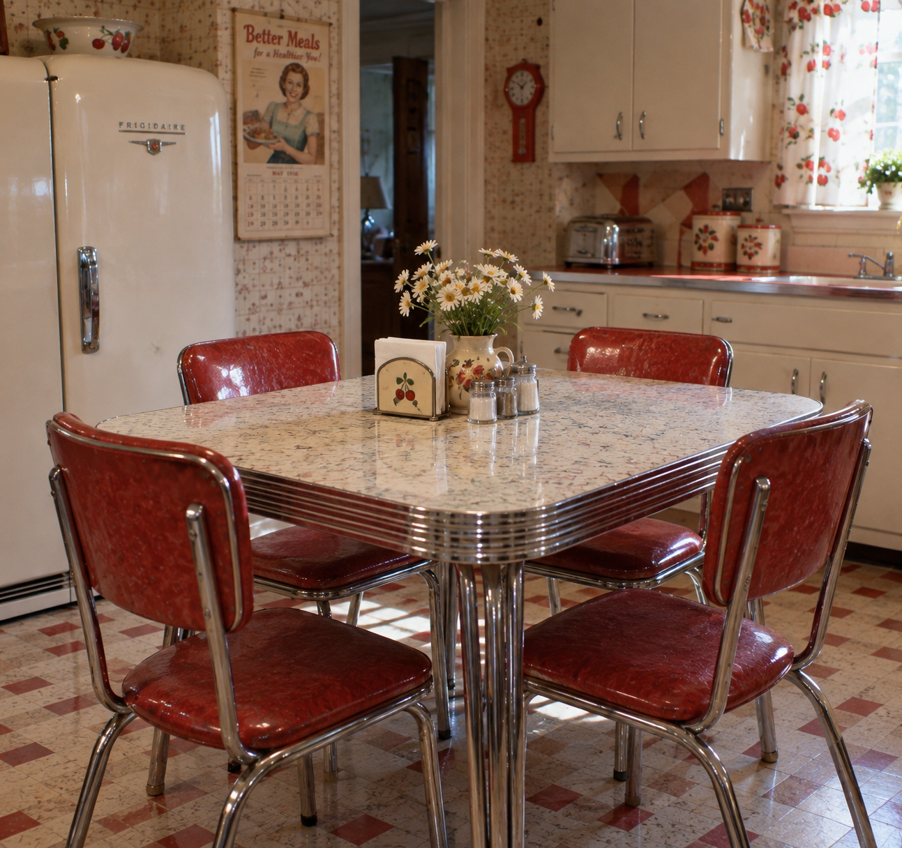 A vintage kitchen with red chairs, a chrome-trimmed table, a white fridge, floral curtains, and retro decor, including a wall clock and a “Better Meals” calendar. A vase of daisies sits on the table.