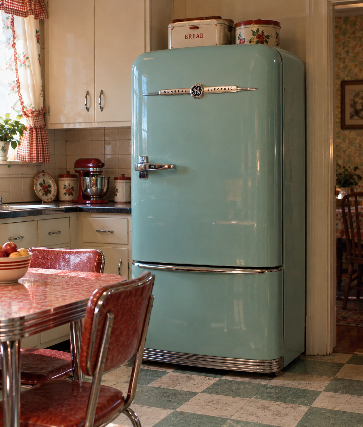 A vintage light blue refrigerator in a retro kitchen with red chairs, checkered floor, and a bread box on top. The space has a cozy, nostalgic 1950s feel.