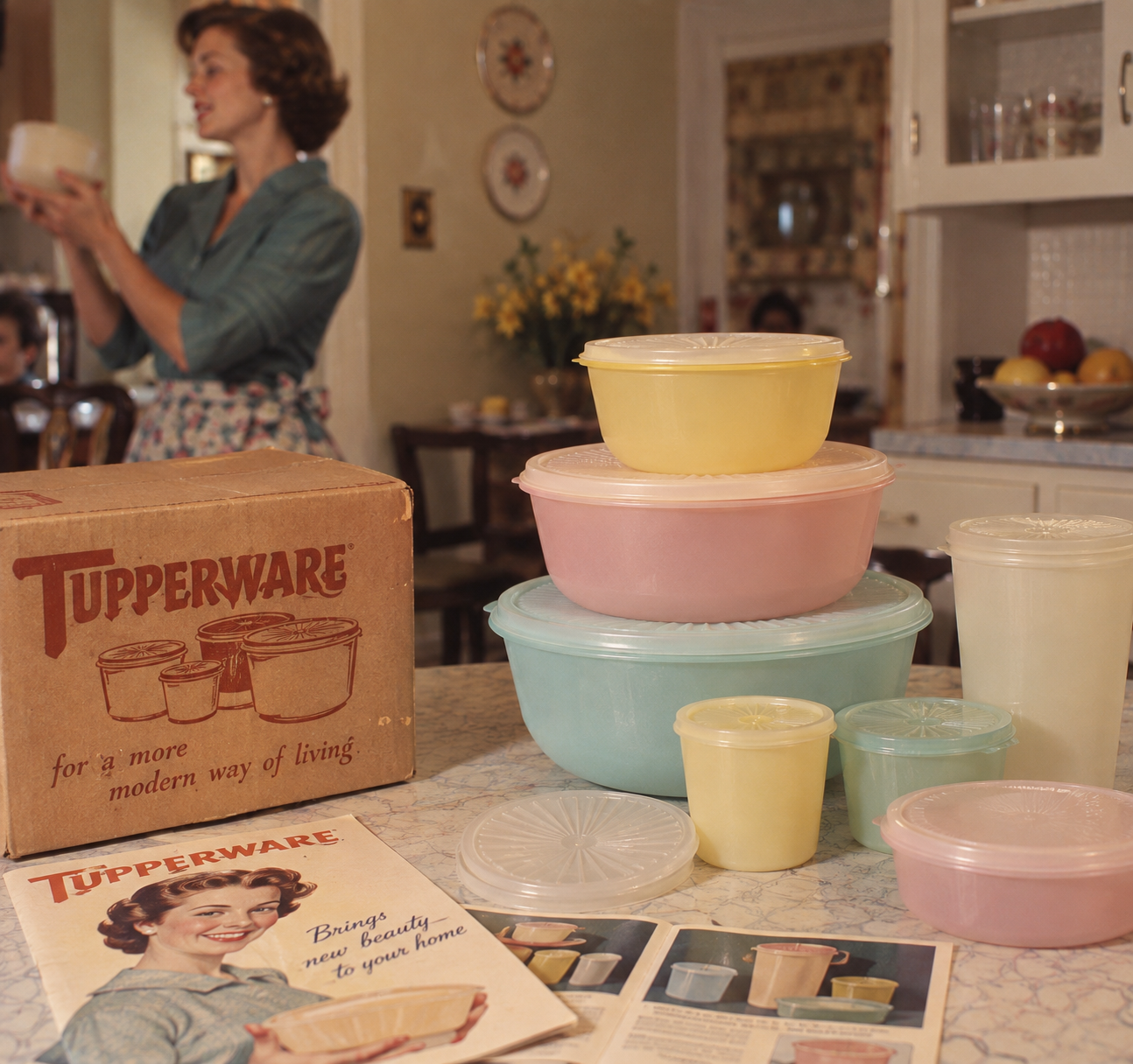 A vintage kitchen scene with a woman holding Tupperware. On the counter are pastel Tupperware containers, a Tupperware box, a booklet, and product brochures. Shelves with dishes and fruit are in the background.