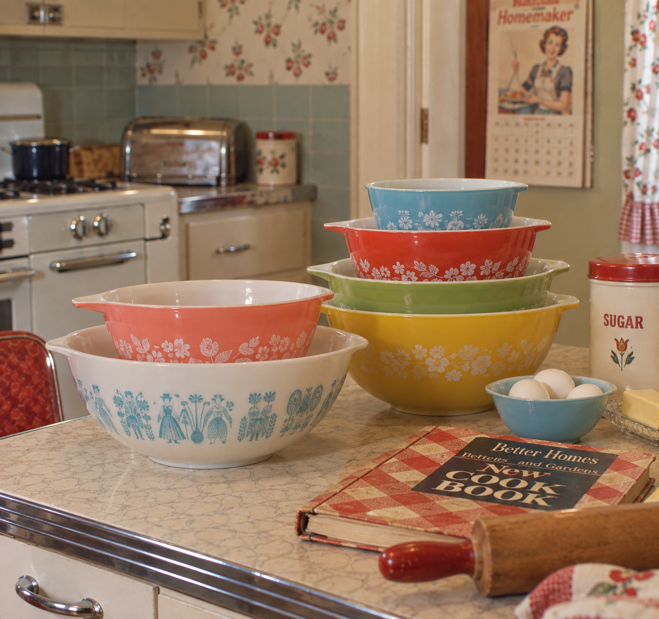 Four stacks of vintage mixing bowls with floral patterns are on a kitchen counter, alongside eggs, a cookbook, a sugar canister, and a blue cup, in a retro kitchen setting.