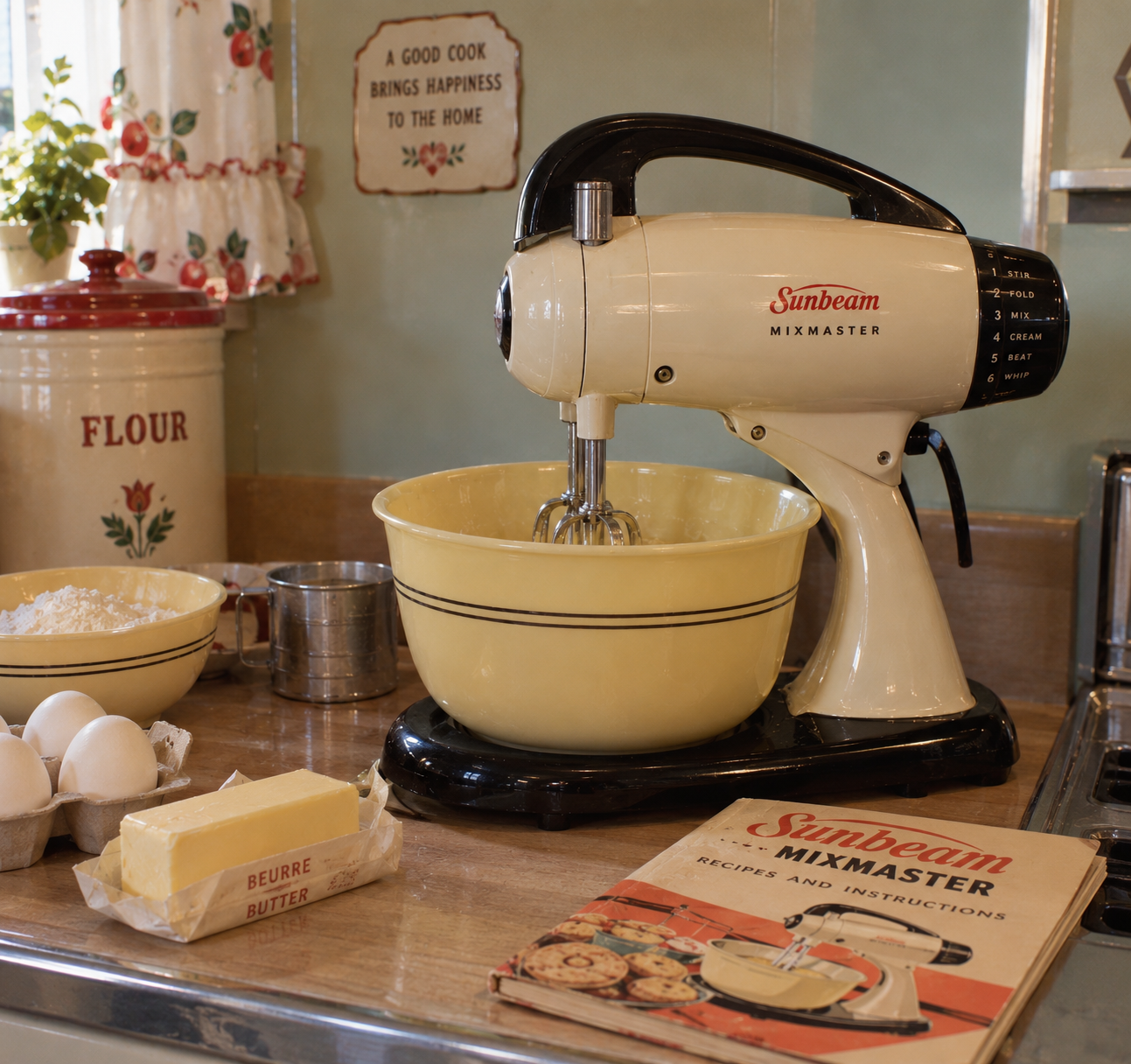 A vintage Sunbeam Mixmaster sits on a kitchen counter with a yellow mixing bowl, surrounded by flour, eggs, butter, and a recipe book. Retro decor and flour canister appear in the cozy background.