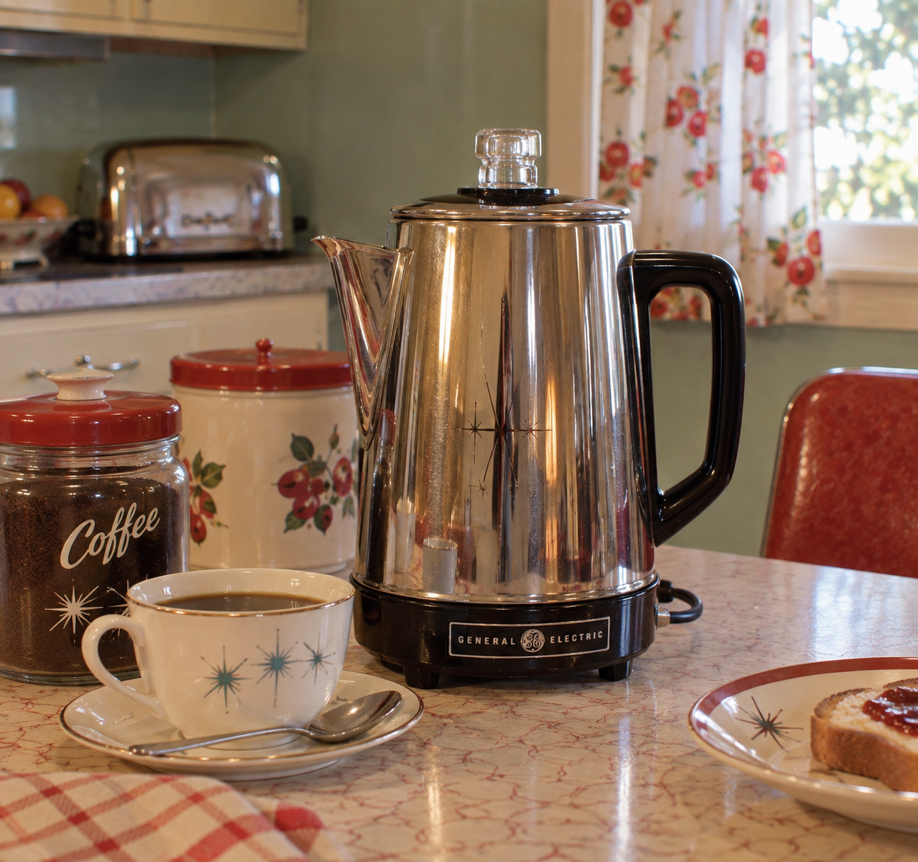A vintage electric percolator sits on a retro kitchen table with a cup of coffee, a plate with toast, and jars labeled “Coffee” and sugar. Floral curtains and a toaster are in the background.