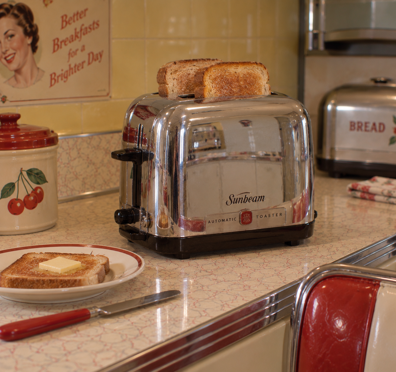 A chrome Sunbeam toaster with two slices of toast sits on a retro kitchen counter. Nearby are a plate with buttered toast, a red-handled knife, a cherry canister, and a “Better Breakfasts” sign on a yellow-tiled wall.
