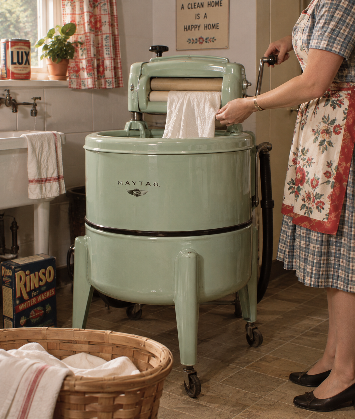 A woman uses a vintage Maytag washing machine with a wringer to wash a white towel in a retro laundry room with floral decor and detergent boxes.
