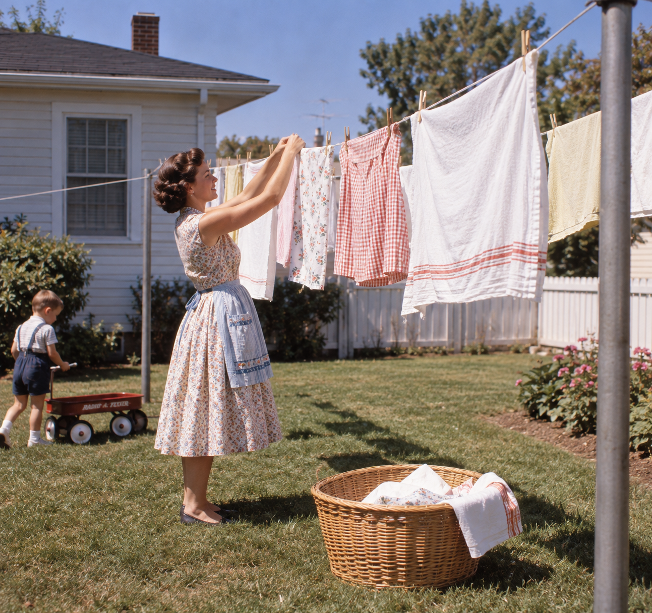 A woman hangs laundry on a clothesline in a sunny backyard while a young boy plays nearby with a red wagon. A wicker basket of clothes sits on the grass.