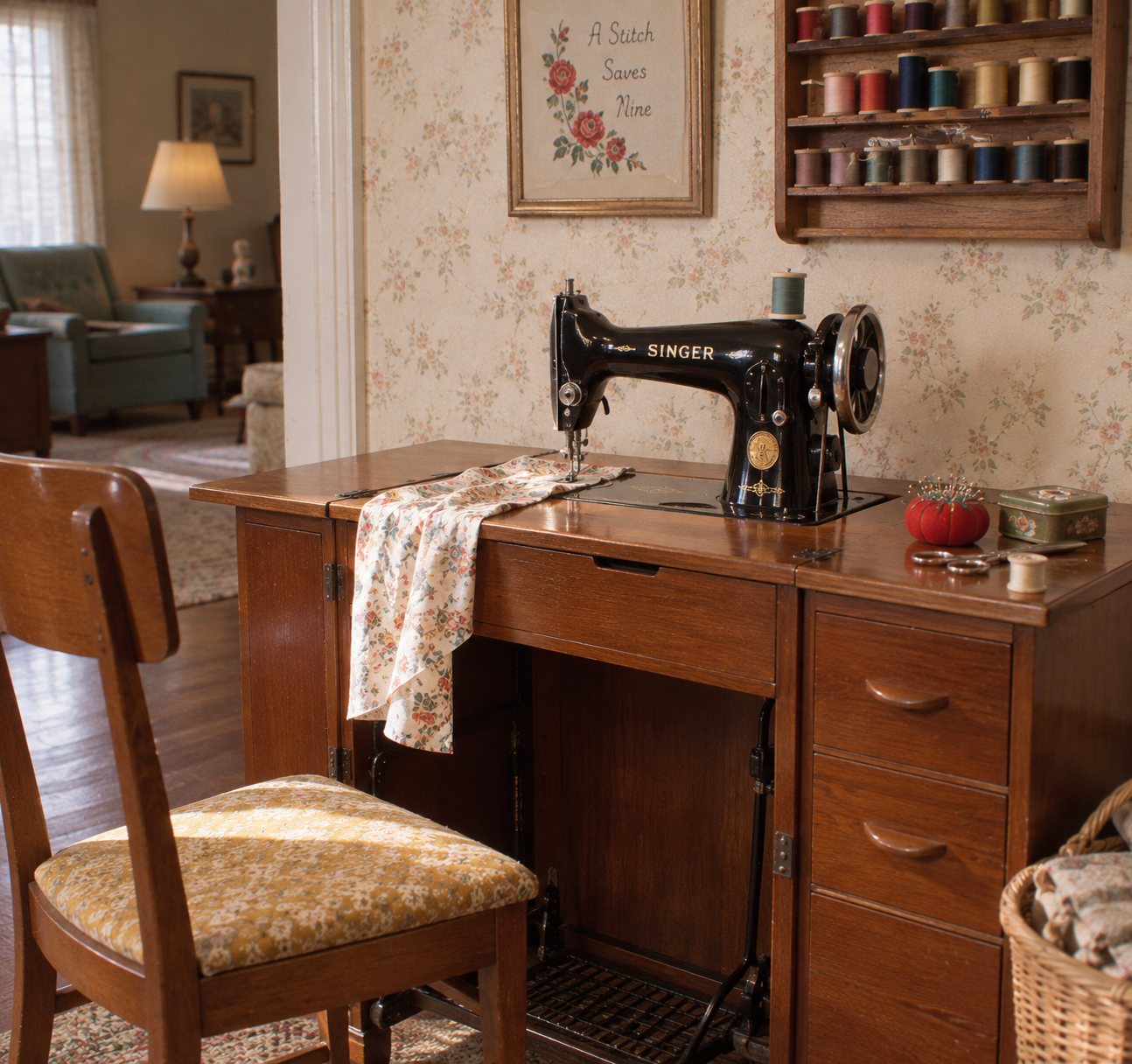 A vintage Singer sewing machine sits on a wooden desk with floral fabric. Spools of thread, a pincushion, and a chair are nearby. The cozy room has floral wallpaper and soft natural light through a window.