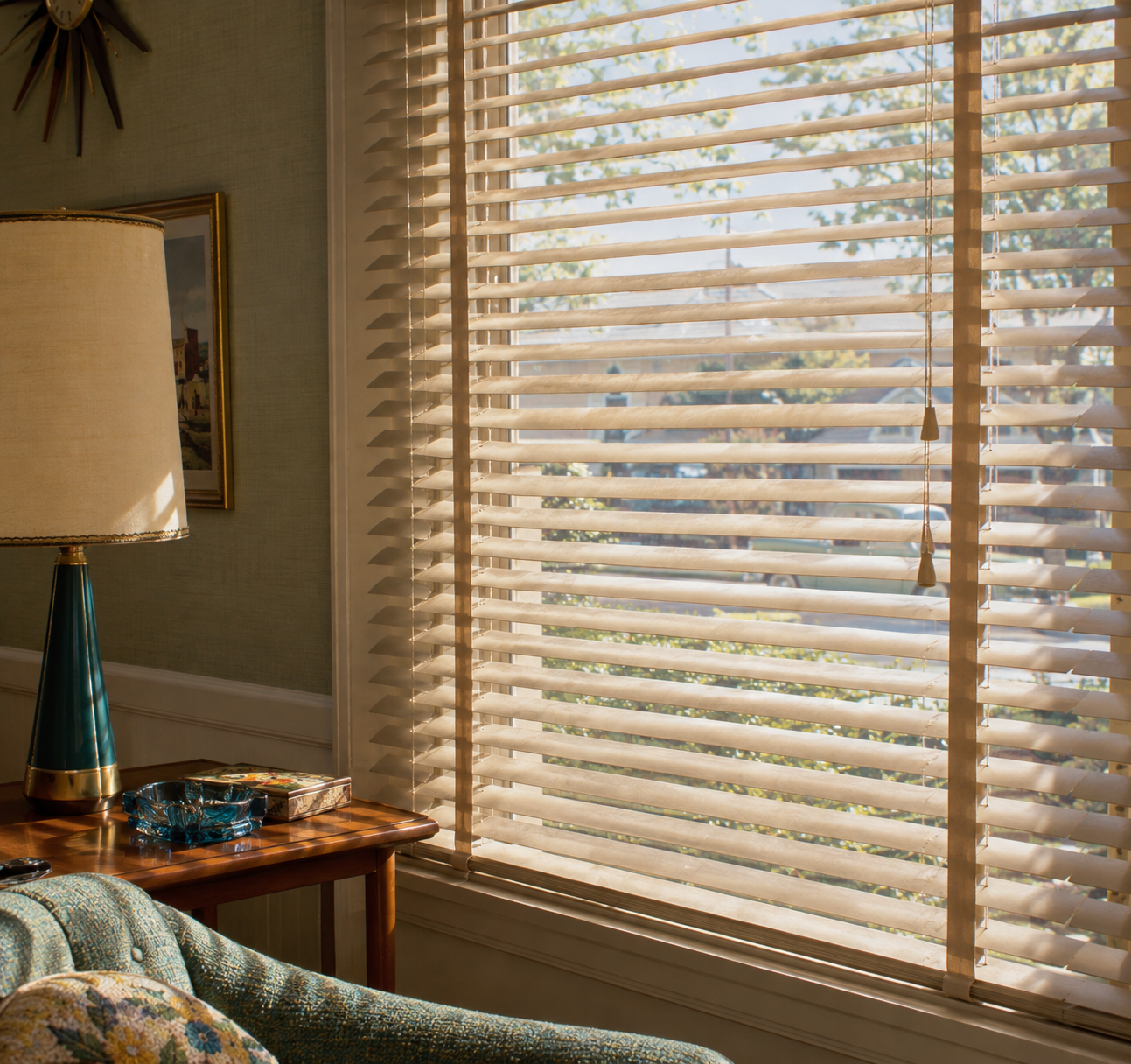 A sunlit room with a wooden side table, retro lamp, glass ashtray, and light coming through beige window blinds. Trees and a street are visible outside.