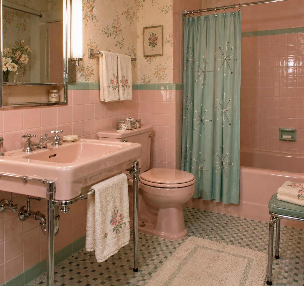 A vintage bathroom with pink fixtures, green tile accents, a floral wallpaper, and a shower curtain with starburst patterns. Towels and decor match the pink and green color scheme.