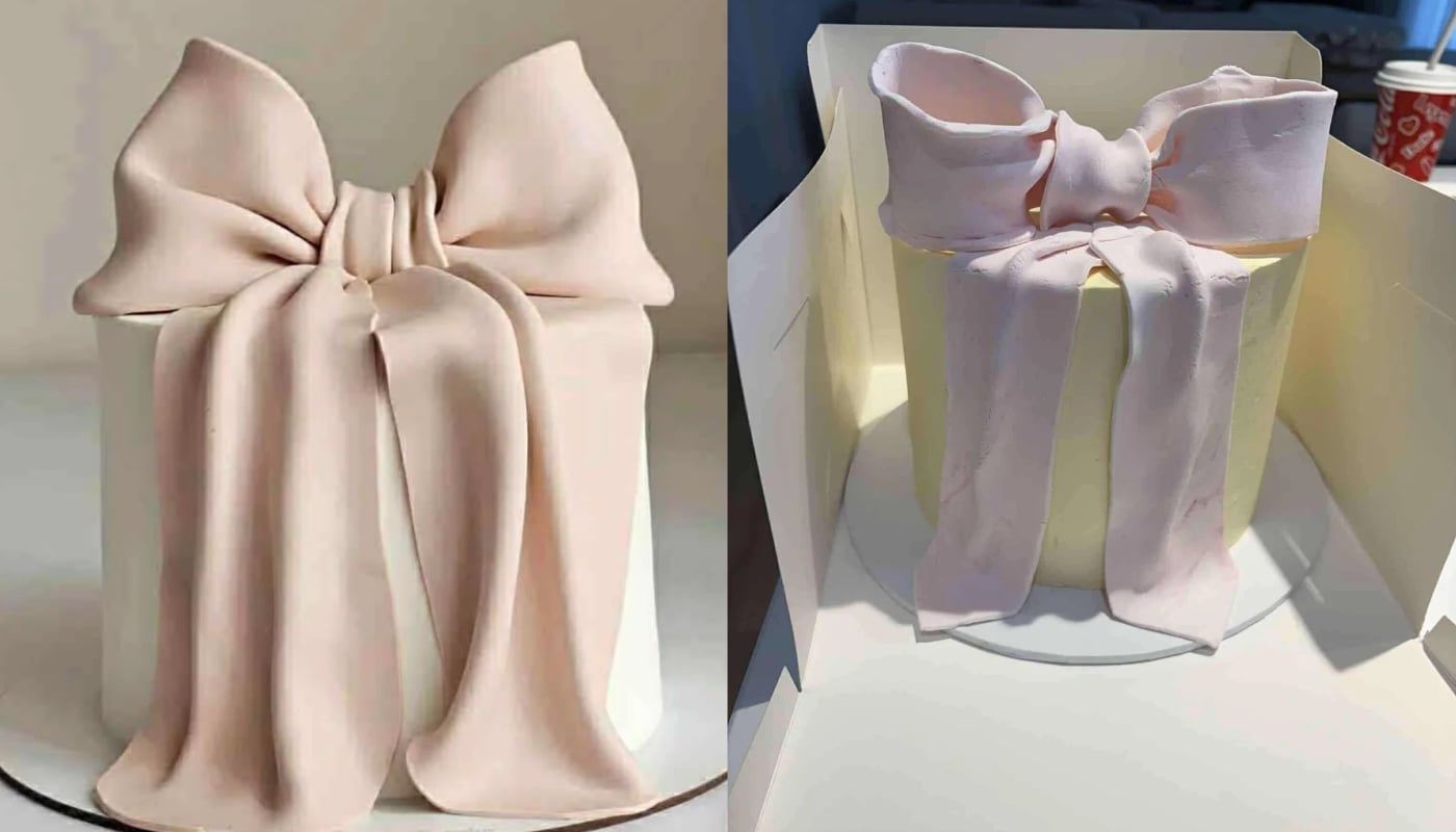 Two cakes with large pink bows: the left cake has a smooth, elegant bow, while the right cake has a misshapen, uneven bow with drooping edges; both are displayed on white backgrounds.