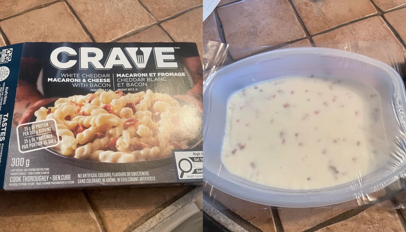 A box of Crave White Cheddar Macaroni & Cheese with Bacon is on the left; on the right is the uncooked meal in a plastic tray, covered with plastic wrap, showing white sauce with bacon bits.