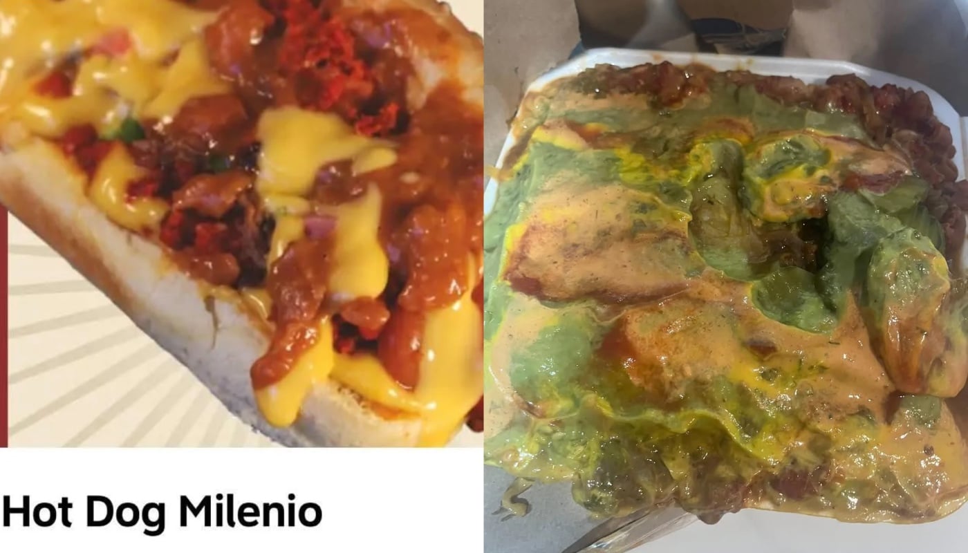 A split image: left shows a neat hot dog topped with cheese, bacon bits, and chili; right shows a messy dish with melted cheese, green and yellow sauces, and ingredients mixed together.