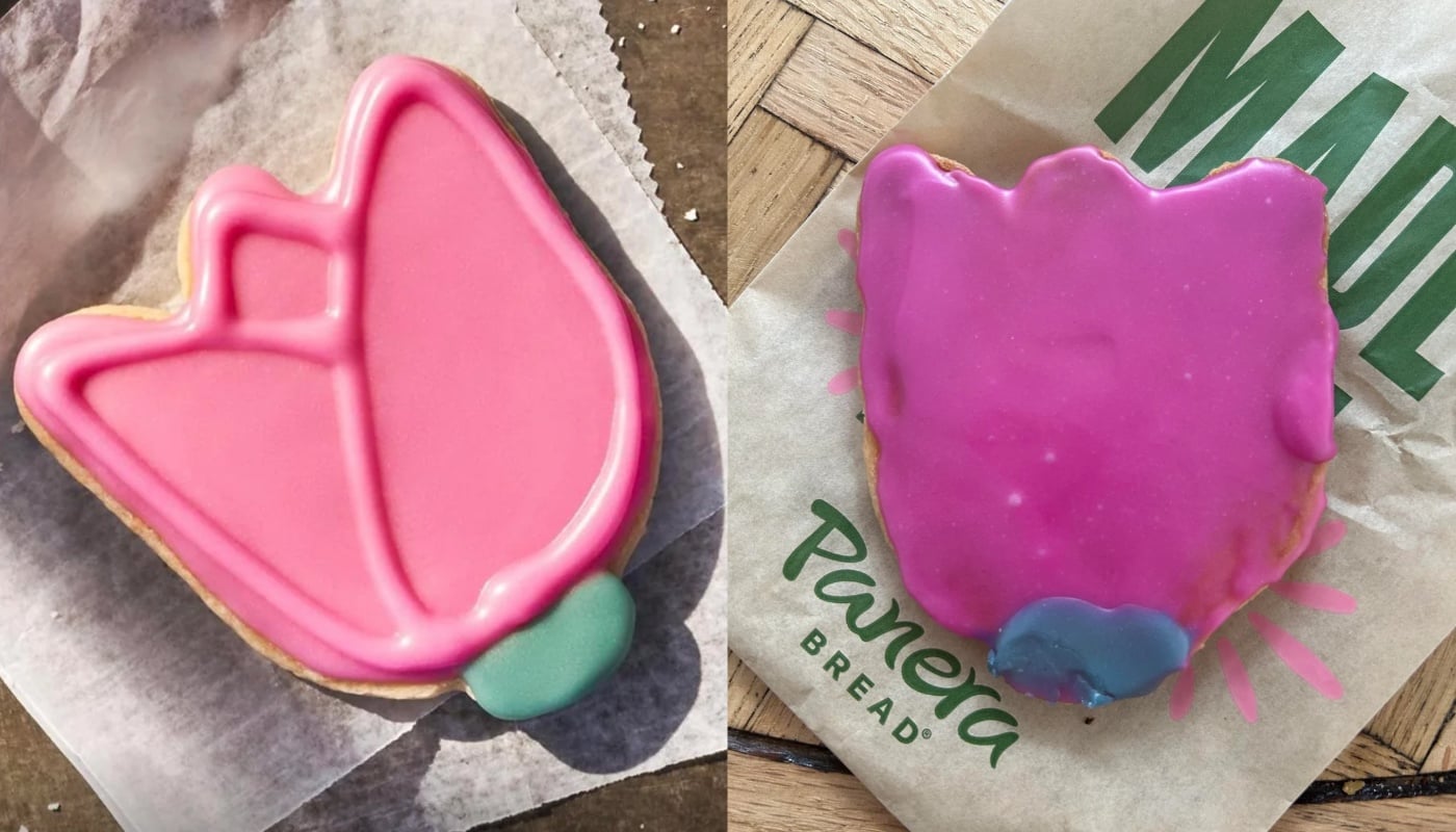 Two cookies shaped like tulips: one neatly decorated with pink and green icing, the other messily frosted with uneven pink icing, both placed on paper with one showing the Panera Bread logo.