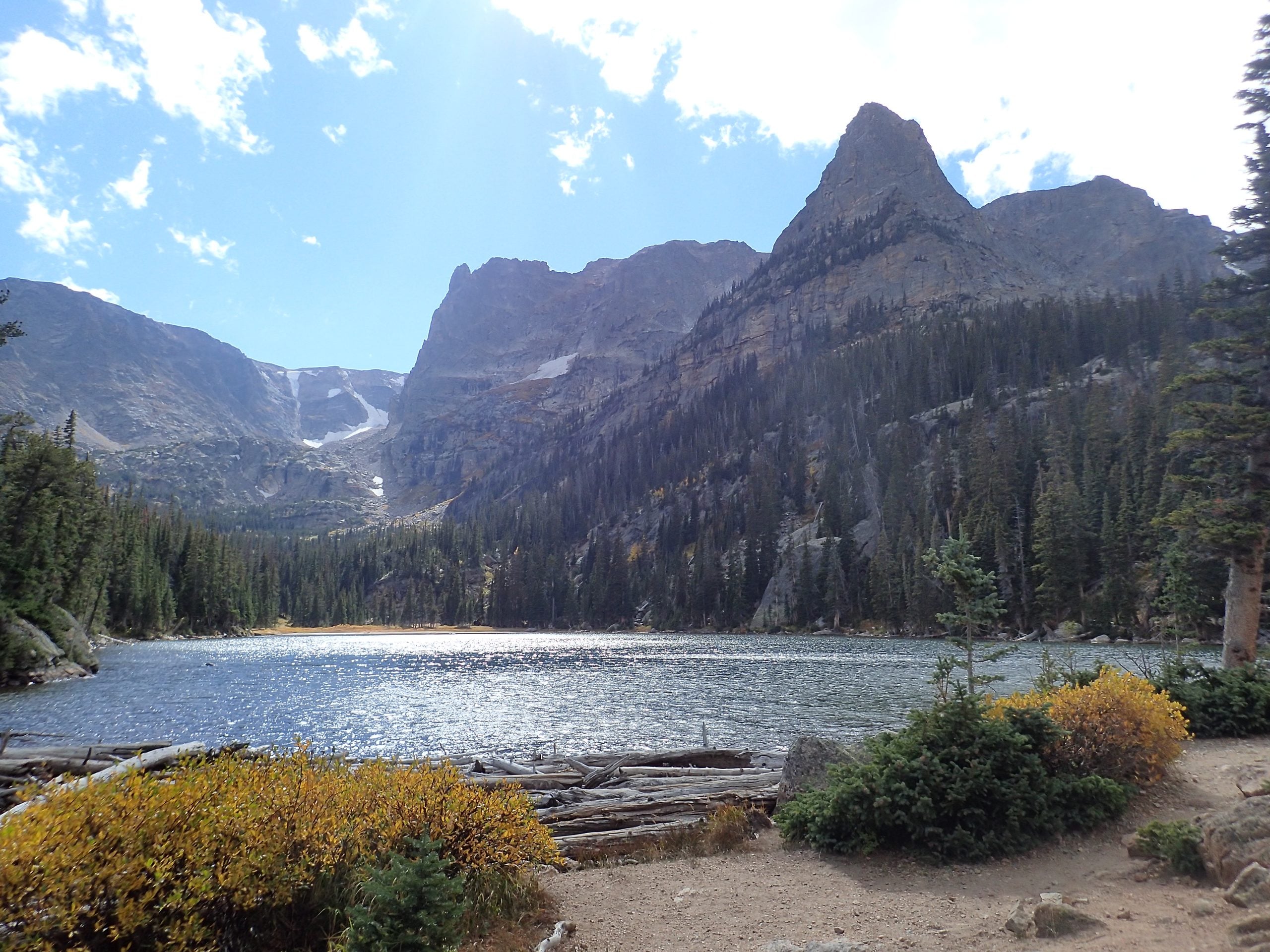 A clear mountain lake is surrounded by evergreen trees and rugged peaks under a partly cloudy sky, with sunlight reflecting on the water and some bushes in the foreground.