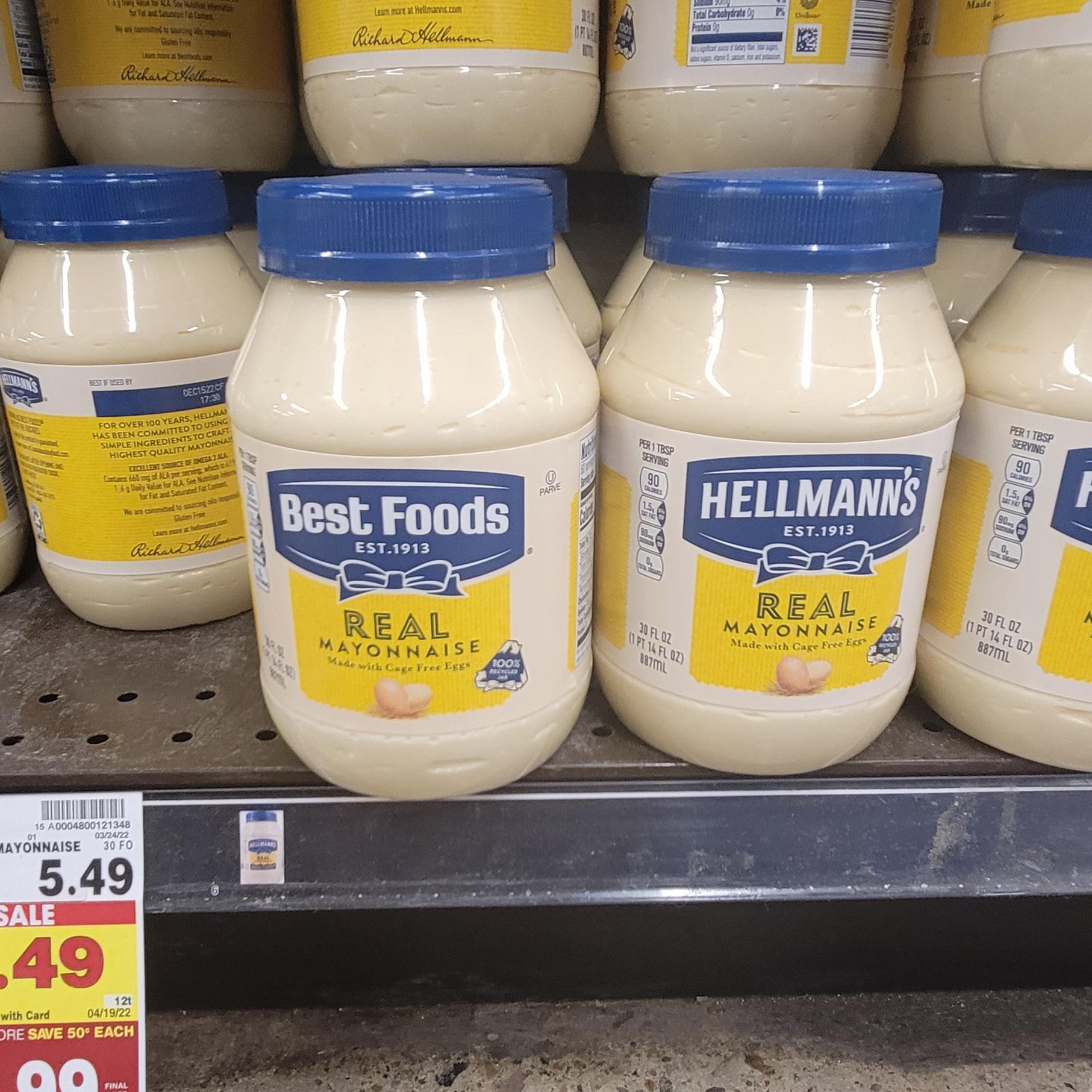 Jars of Best Foods and Hellmann’s Real Mayonnaise are displayed side by side on a grocery store shelf, with a $5.49 sale price tag visible below.