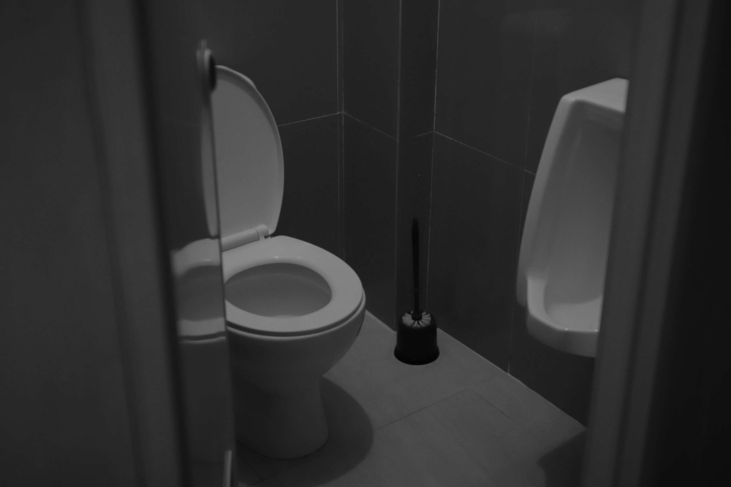 A small restroom with a white toilet, a urinal, a toilet brush, and dark tiled walls, viewed from an open doorway.