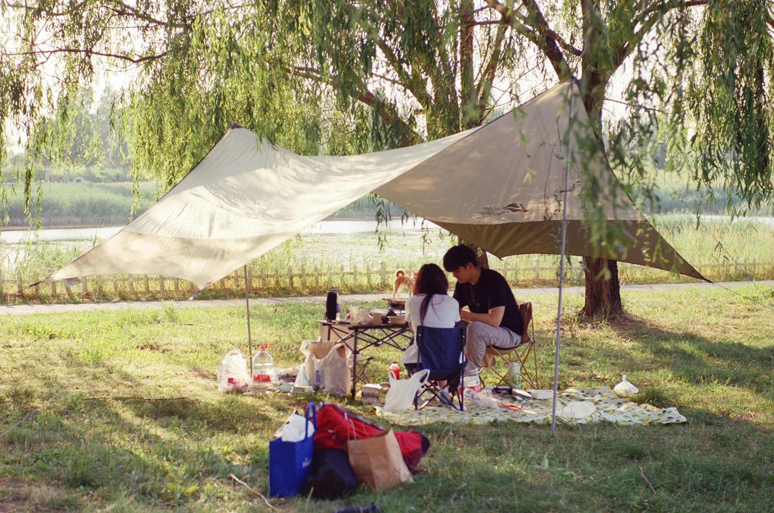 Two people sit under a tarp tent, enjoying a picnic by a riverside on a sunny day. Picnic items, bags, and food are spread on a blanket. Trees provide shade and a peaceful, outdoor setting.