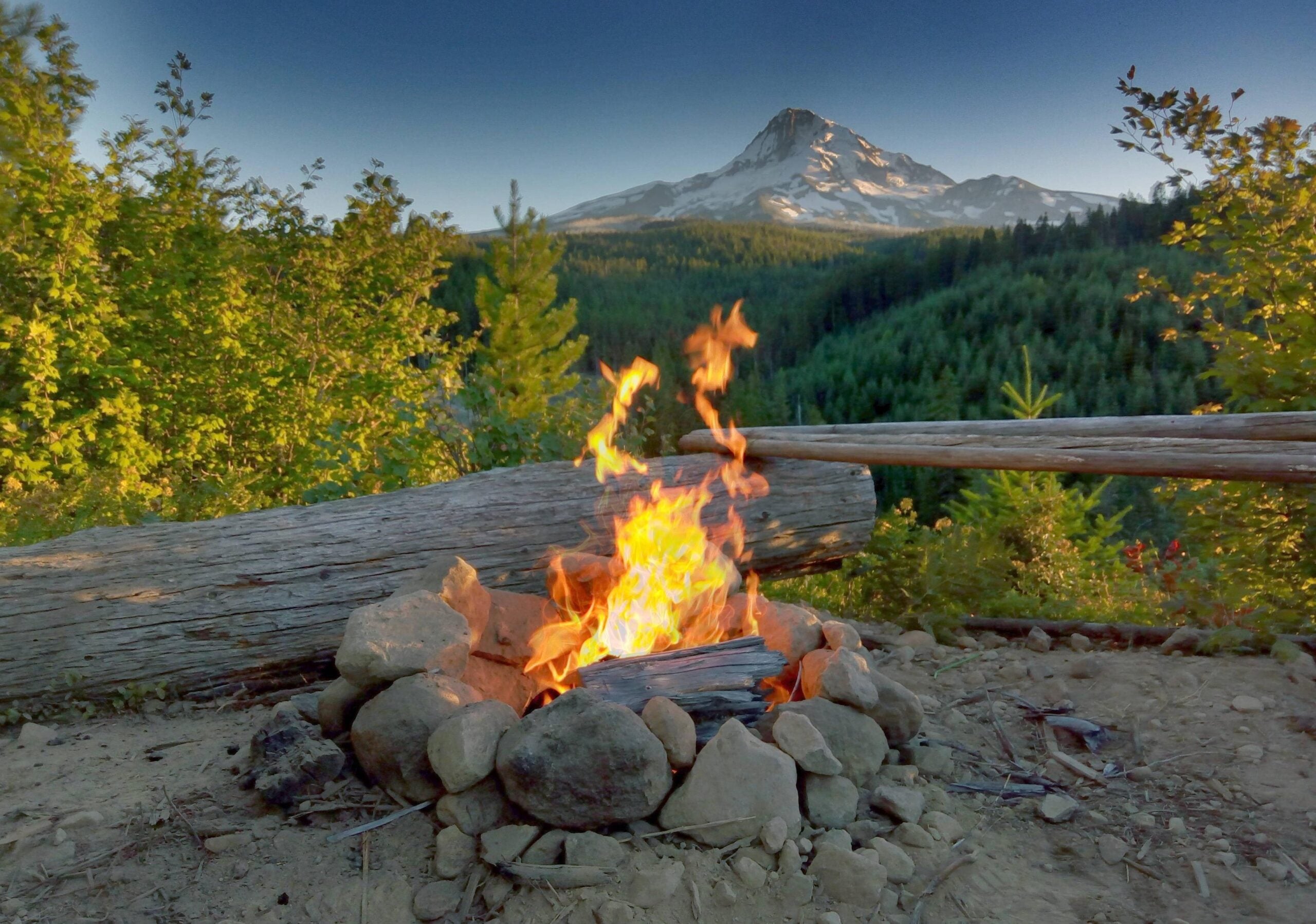 A campfire burns inside a circle of rocks with a log nearby, surrounded by green trees. In the background, a snow-capped mountain rises under a clear blue sky.
