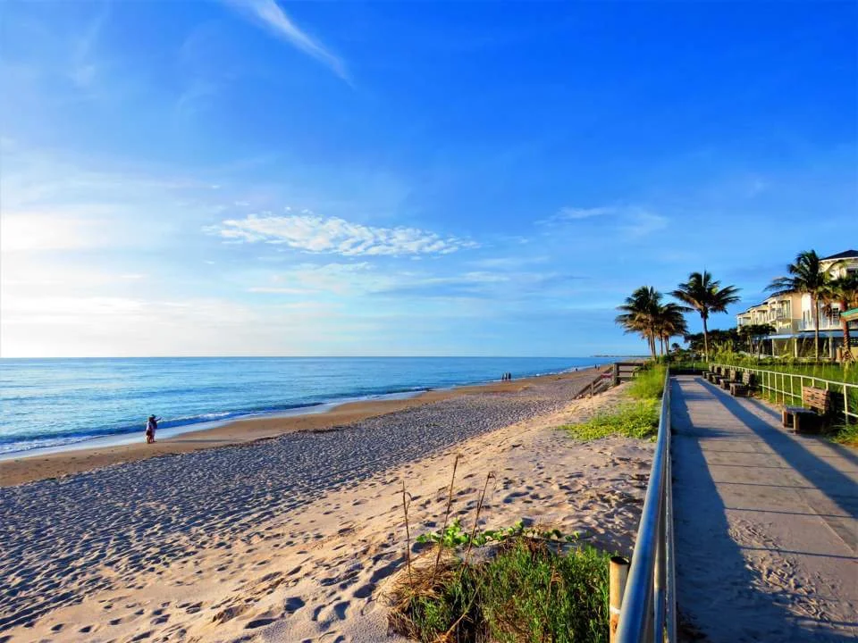 A sunny beach scene with a sandy shore, calm ocean waves, a few palm trees, and a person walking along the water. A paved walkway runs parallel to the beach with houses visible on the right.